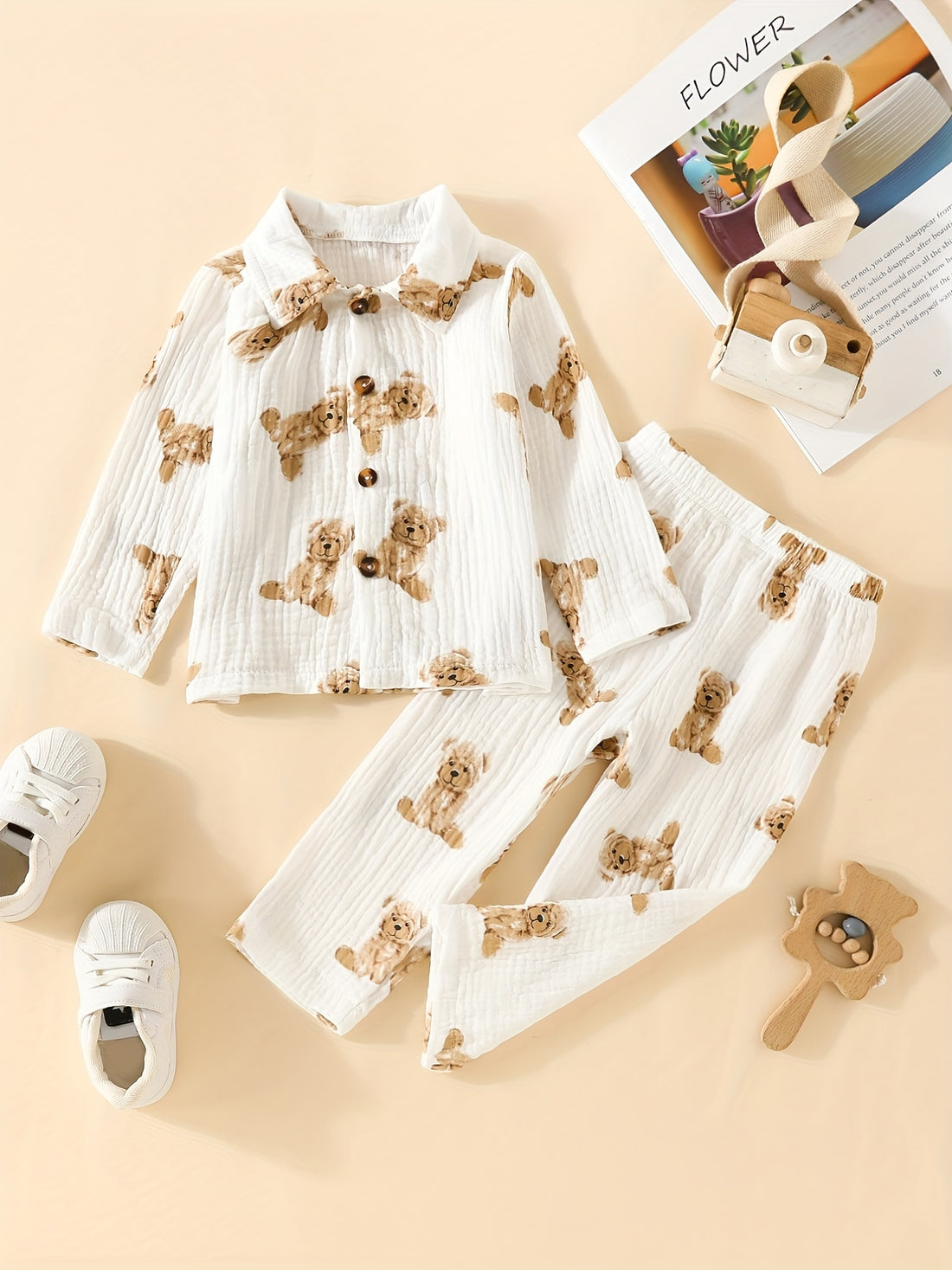 Baby's Cute Cartoon Graphic Pajamas Set Long Sleeve Top & Pants Outfit, Loungewear