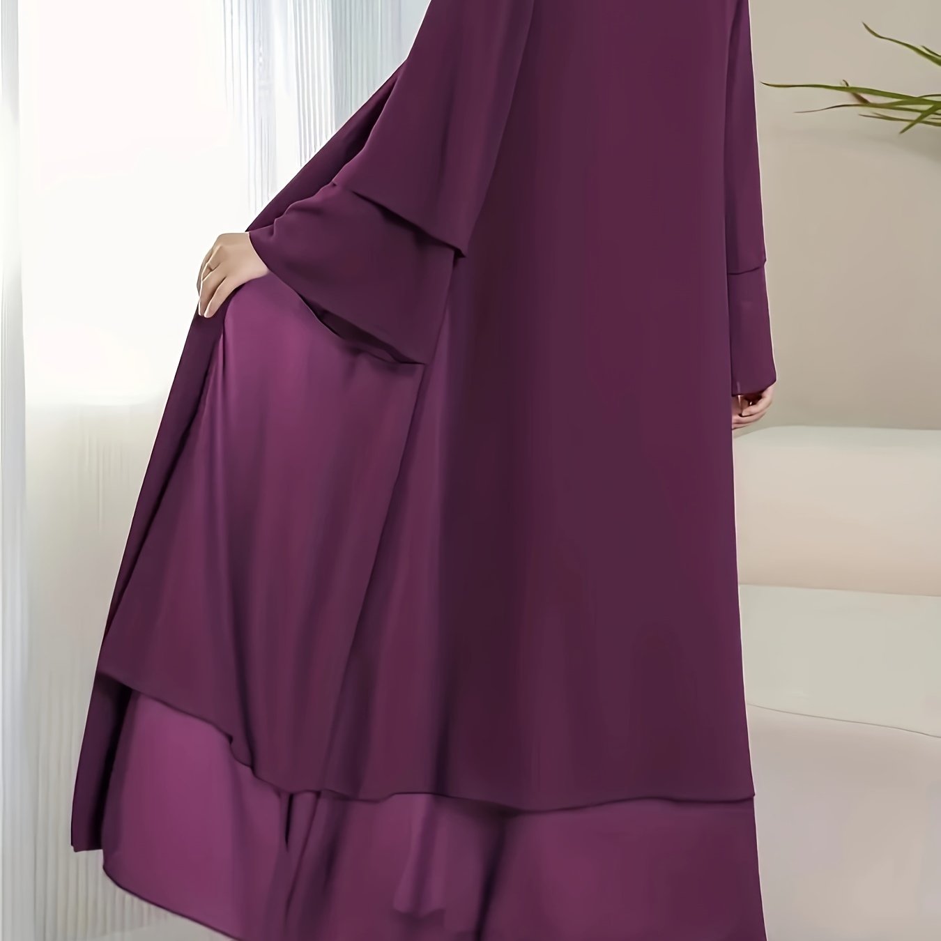 Solid Color Tie Waist Modest Dress, Elegant Layered Hem Maxi '/MH
