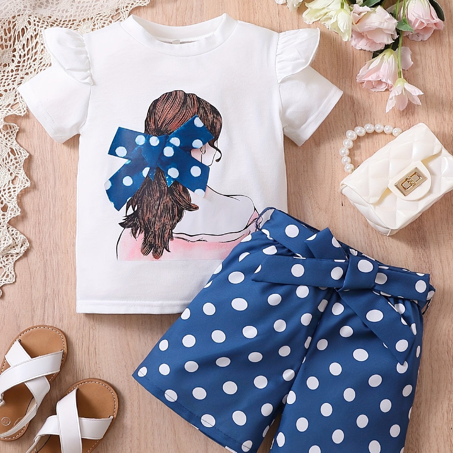 2pcs Toddler Girls Bow Figure Graphic Ruffle Trim T-Shirt