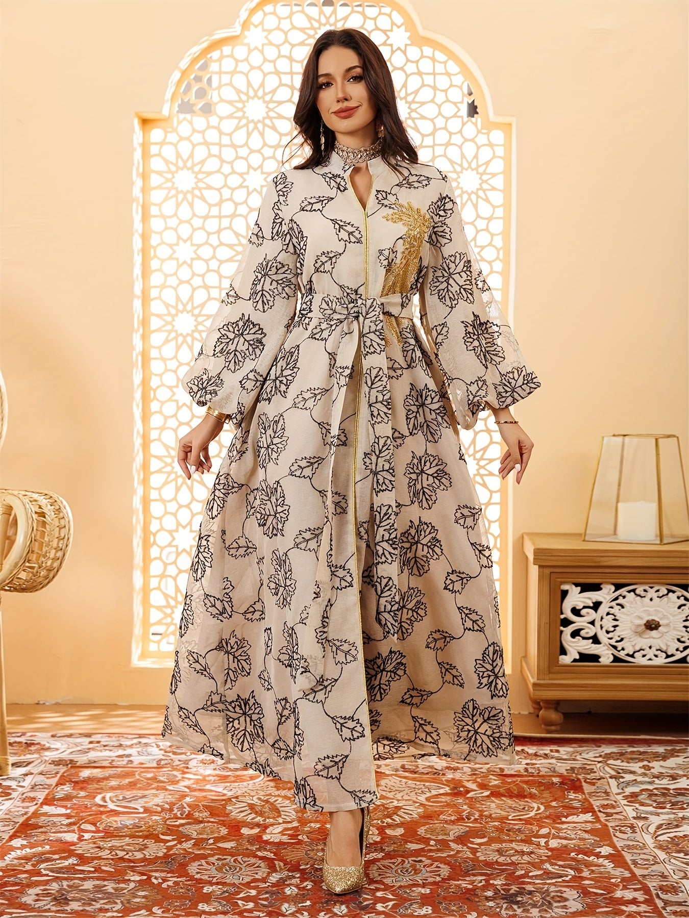 Dubai Floral Embroidery Belted Dress Belt included Lantern Sleeve/MH