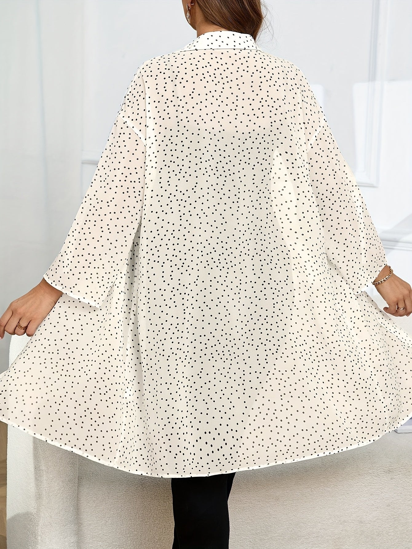 Chic Plus Size Polka Dot Blouse with Cuffed Sleeves Button-Up Shirt for Women,
