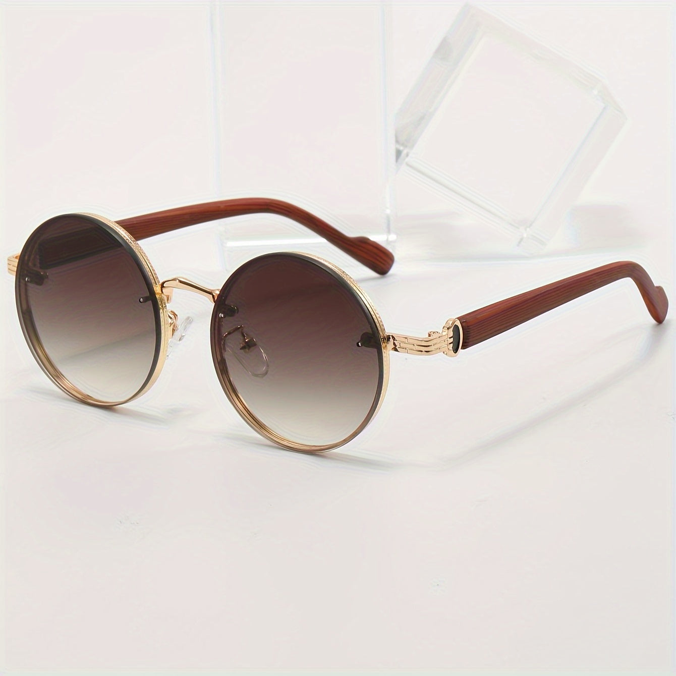 Round Metal Frame, Wood Grain Temples, Fashionable Eyewear for Men & Women,