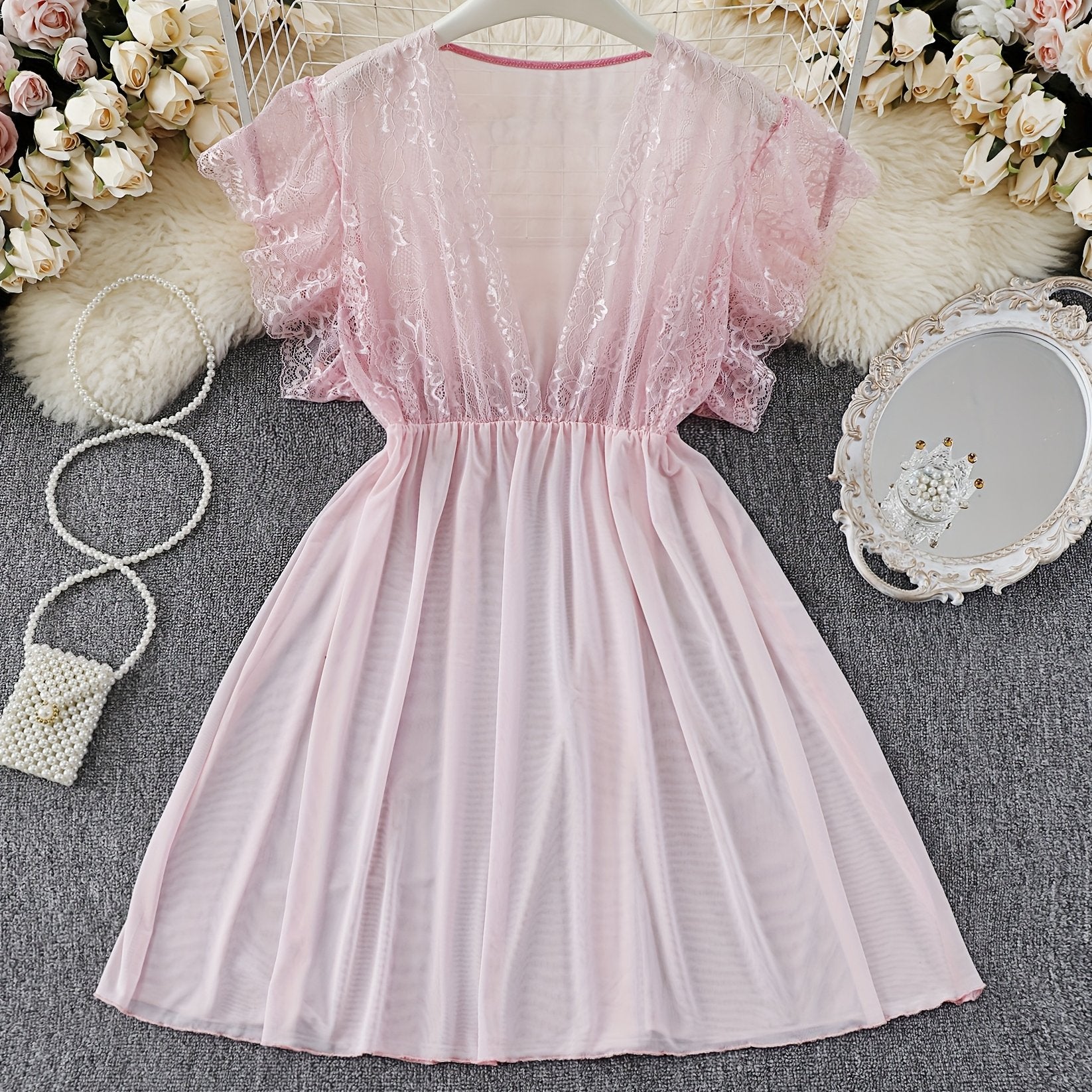 Women's Sexy Lace Trim Nightgown - Soft Pink Contrast,Nightgown,/MH