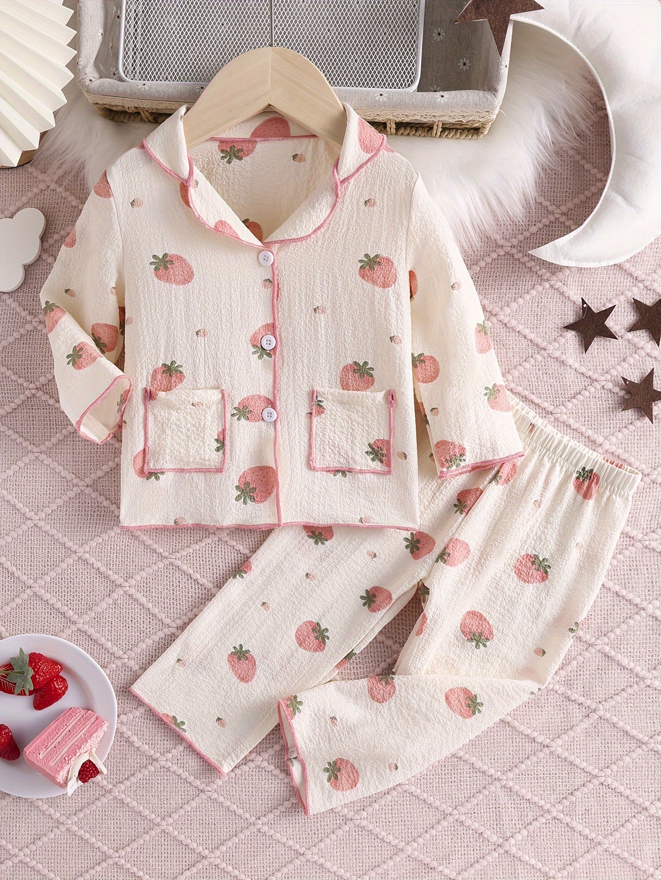 2 Pcs Baby Girls Cute Strawberry Pattern Long Sleeve Shirts & Pants Pajama Set,