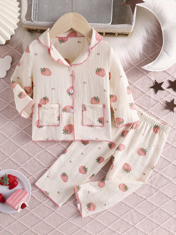 2 Pcs Baby Girls Cute Strawberry Pattern Long Sleeve Shirts & Pants Pajama Set,
