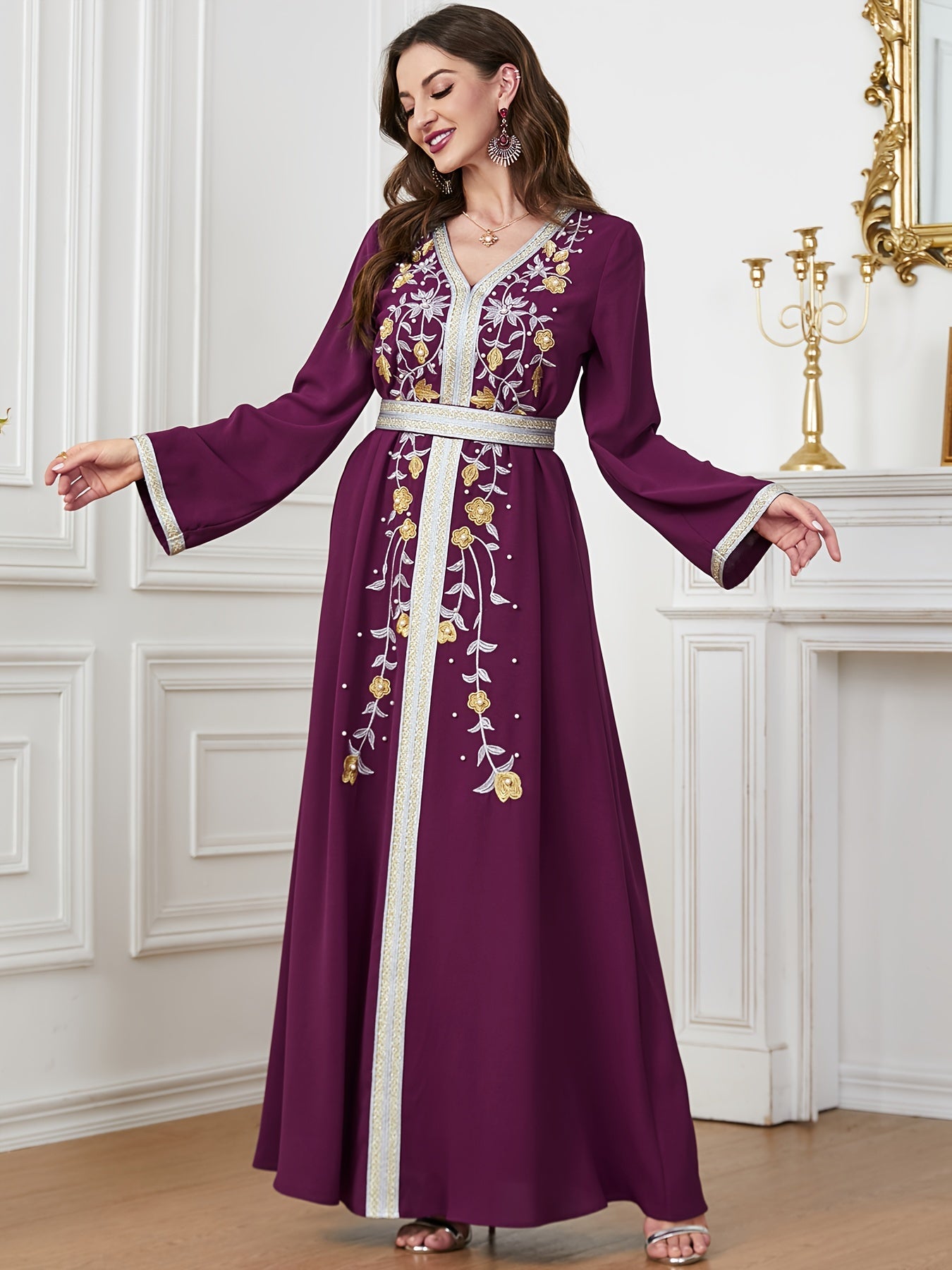 Ramadan Beaded Floral Pattern Kaftan, Elegant Long Sleeve 'MH