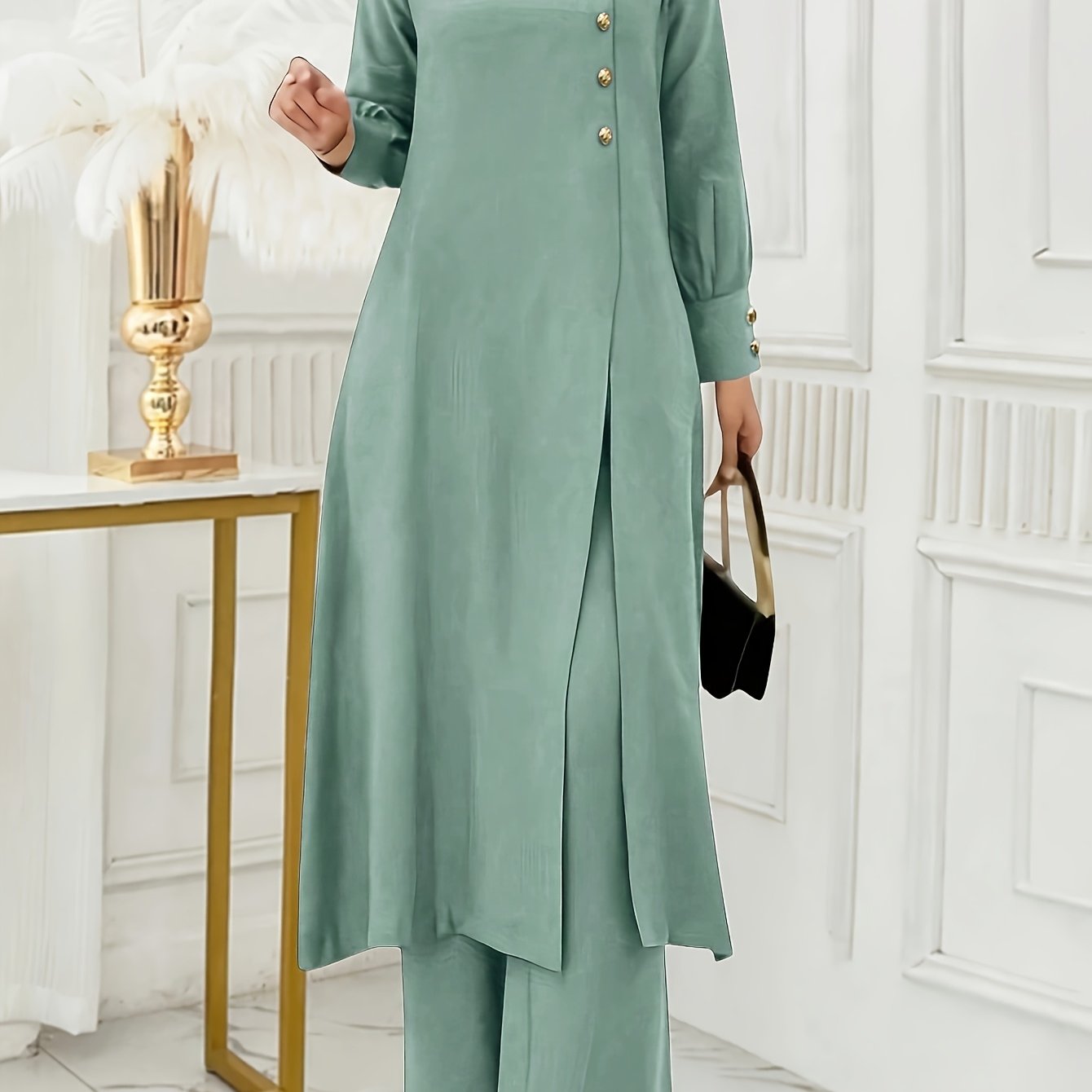 Solid Color Button Design Long Sleeve Top and Pants Set, Arabic Style,/MH
