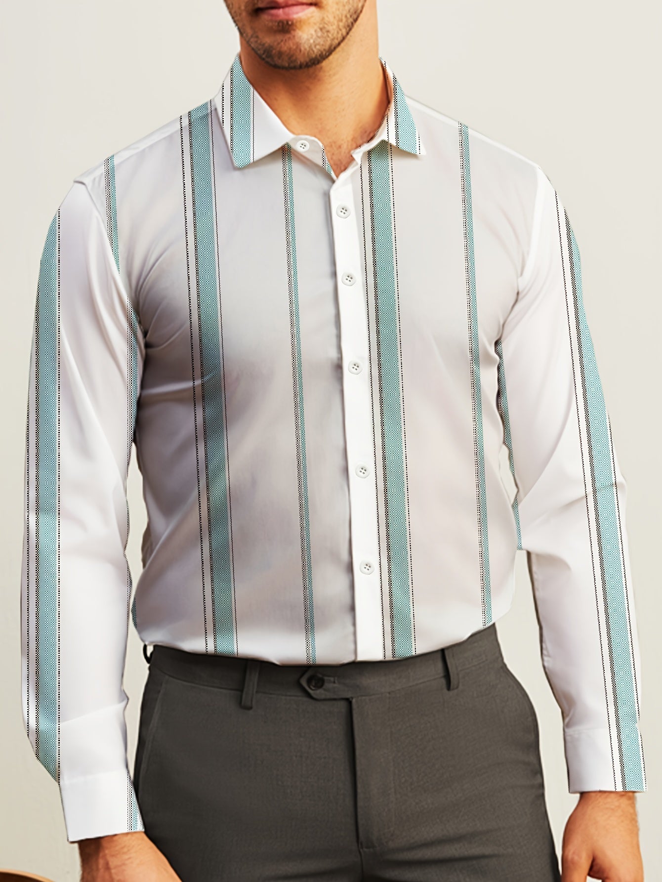 Men's Striped Lapel Collar Dress Shirts, Long Sleeve .
