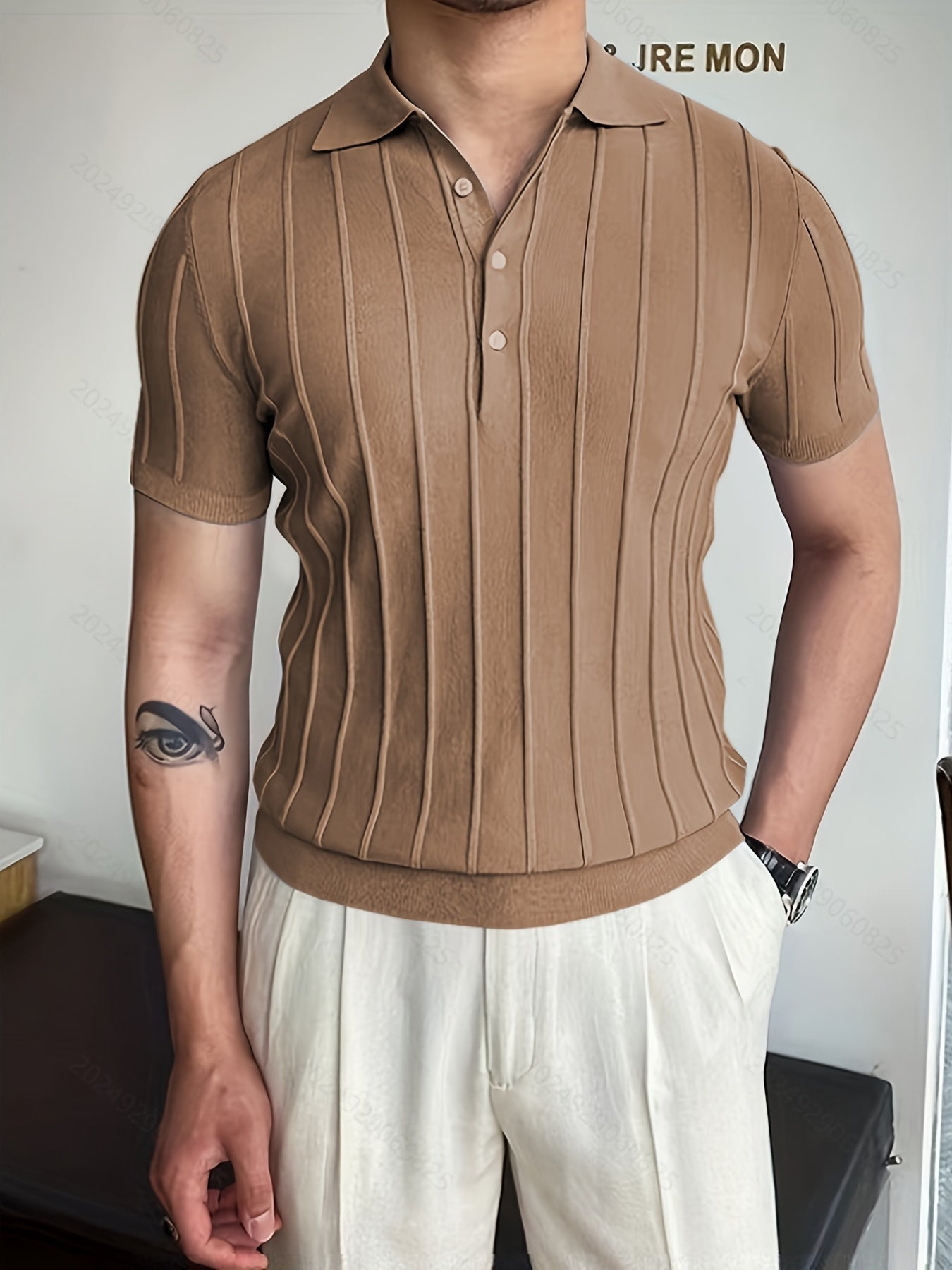 Vertical Striped Chic Shirt, Men's Casual Solid Color High Stretch .