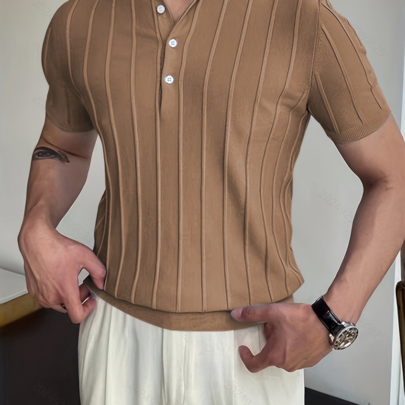 Vertical Striped Chic Shirt, Men's Casual Solid Color High Stretch .