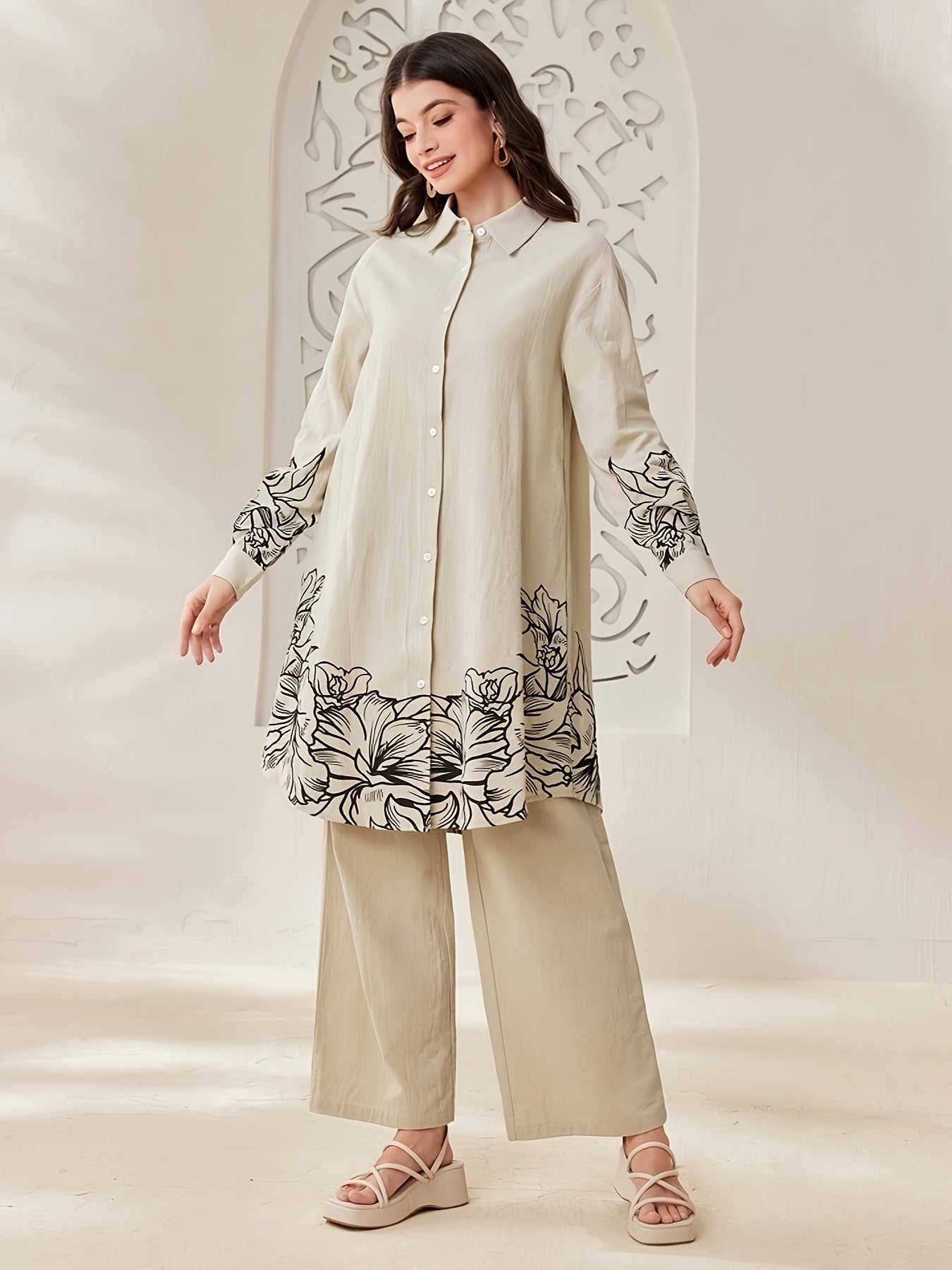 YT309 Women'S Elegant and Fashionable Floral Print Long Sleeve./MH