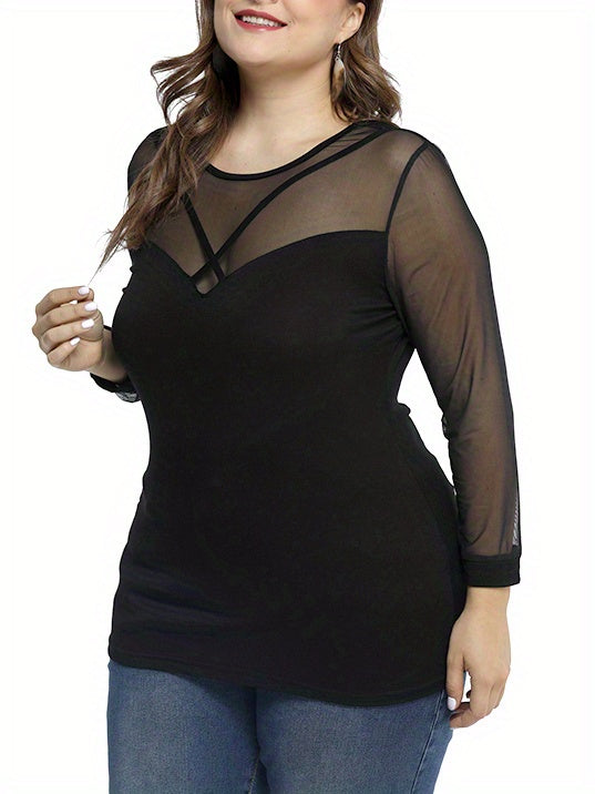 Women's Elegant Mesh Panel Long Sleeve Blouse .
