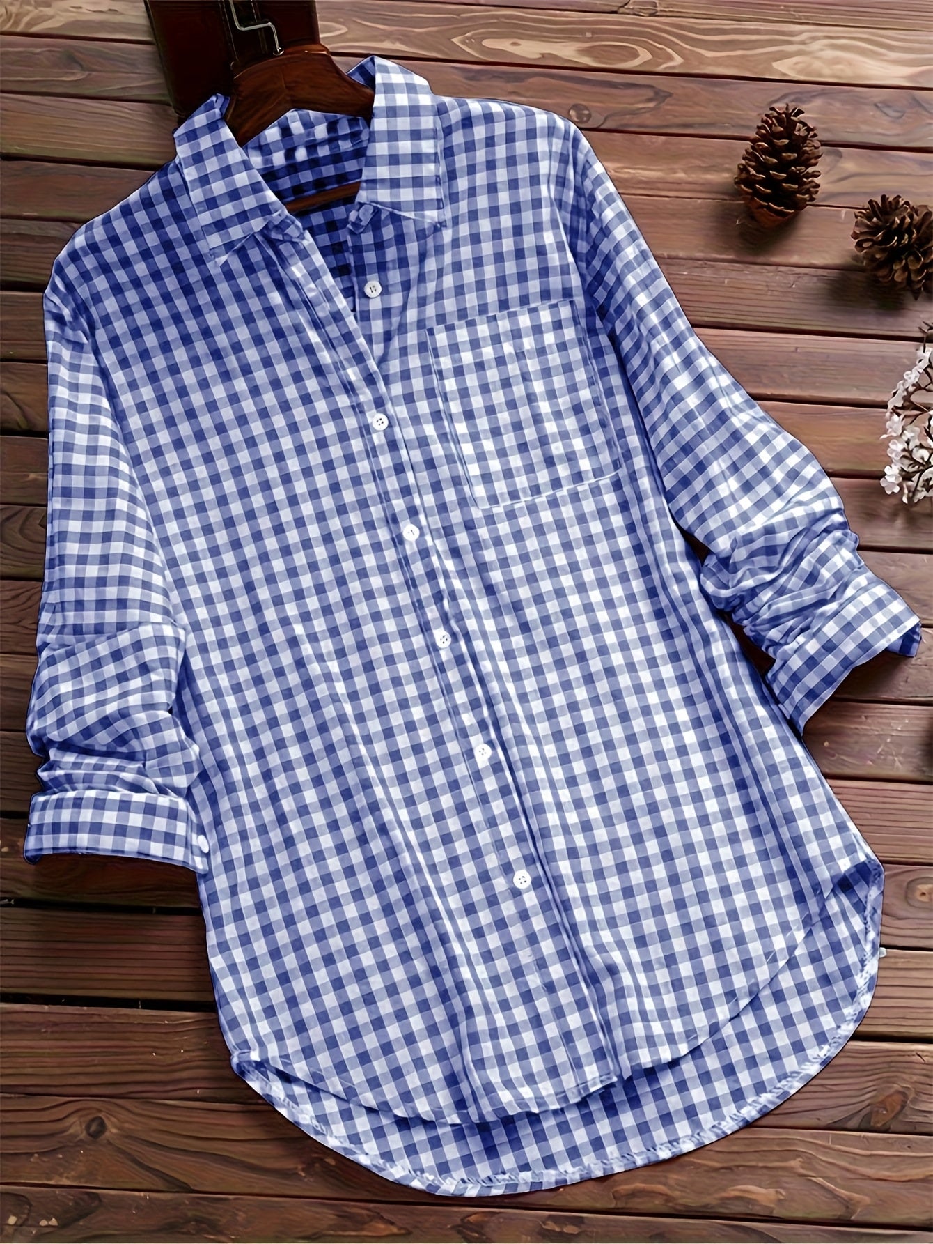 Women'S Casual Long Sleeve Gingham Check Shirt - Light Blue & White,
