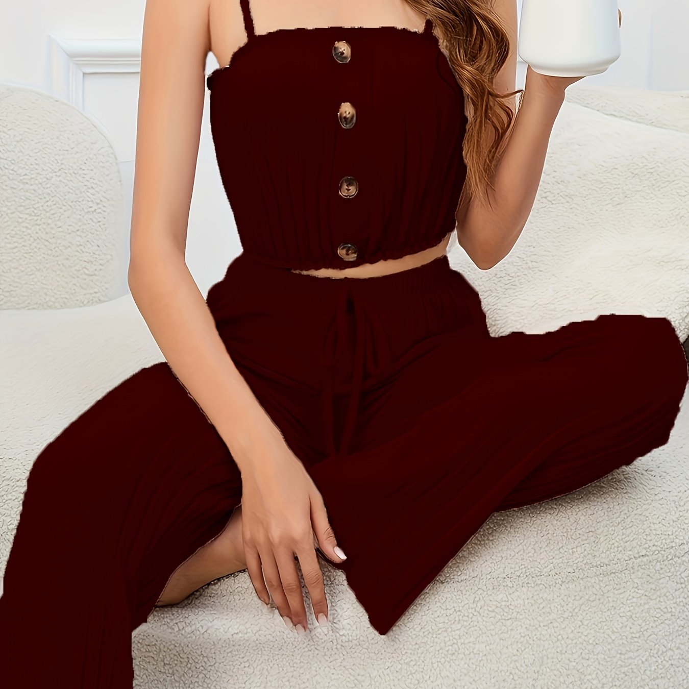 Solid Ribbed Lounge Set, Ruffle Cami Top & Elastic Waistband Pants,