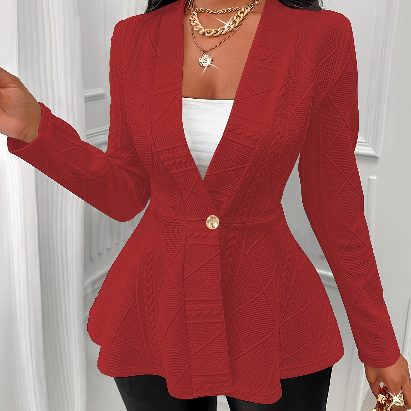 Solid Textured Single Button Waist Blazer, Elegant Long Sleeve .