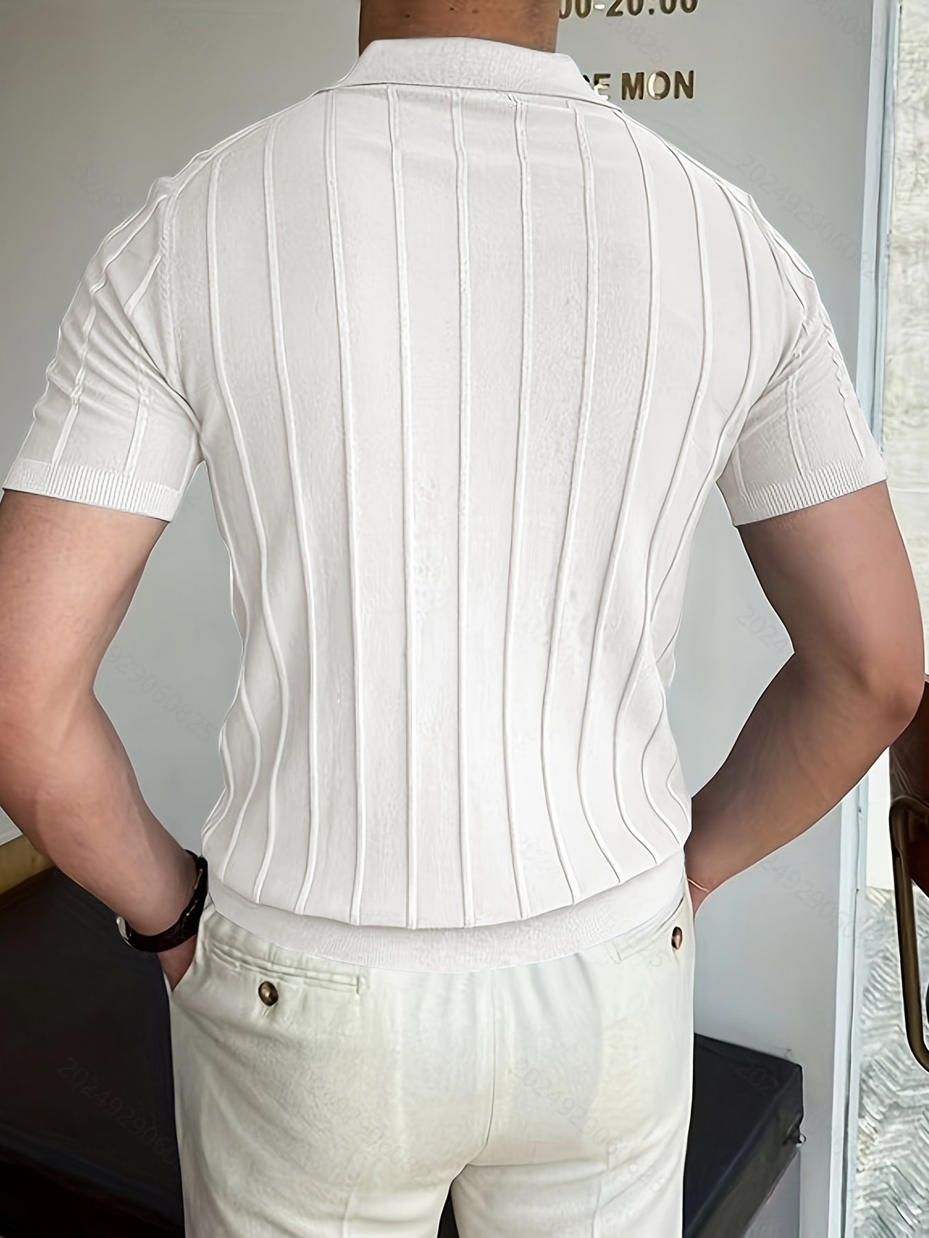 Vertical Striped Chic Shirt, Men's Casual Solid Color High Stretch .