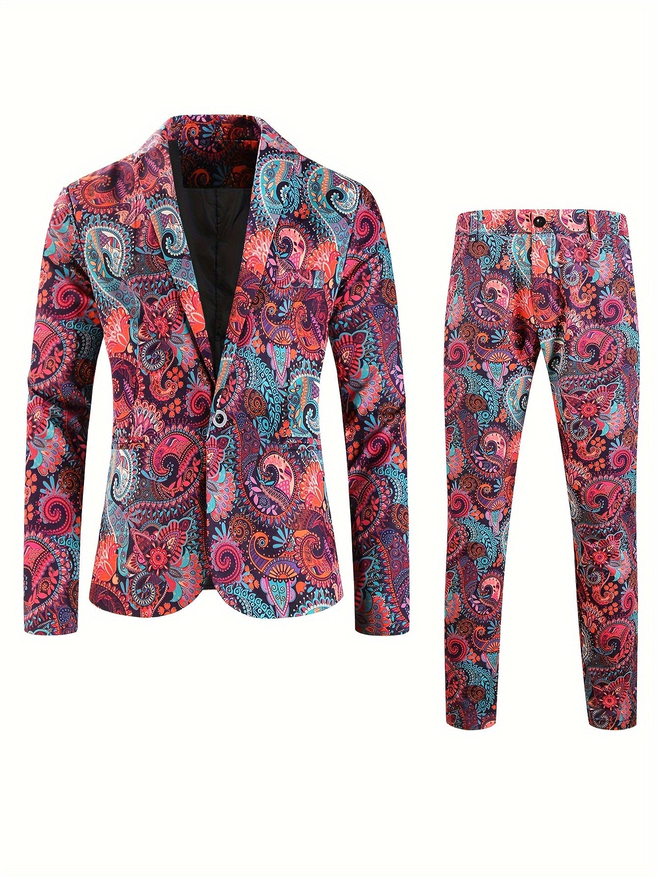 2pcs Men's Fashion Casual Suit Set, 3D Vibrant Paisley Print Blazer.