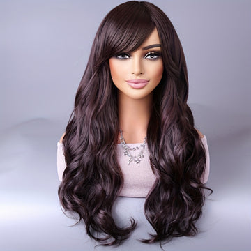 Long Reddish Brown Curly Wig With Bangs For Women Curly Wavy Wigs Synthetic Heat Resistant Fiber For Daily Party Cosplay Use