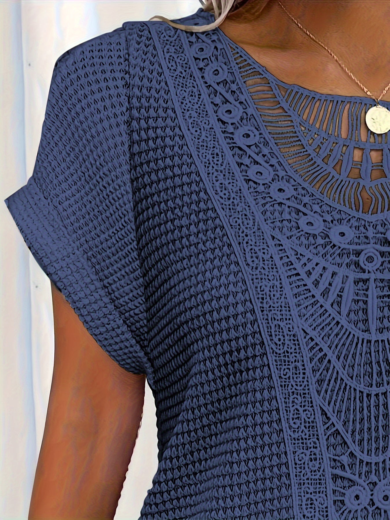 Lace Splicing Crew Neck T-shirt, Casual Short Sleeve Top For Spring & Summer, Women's Clothing