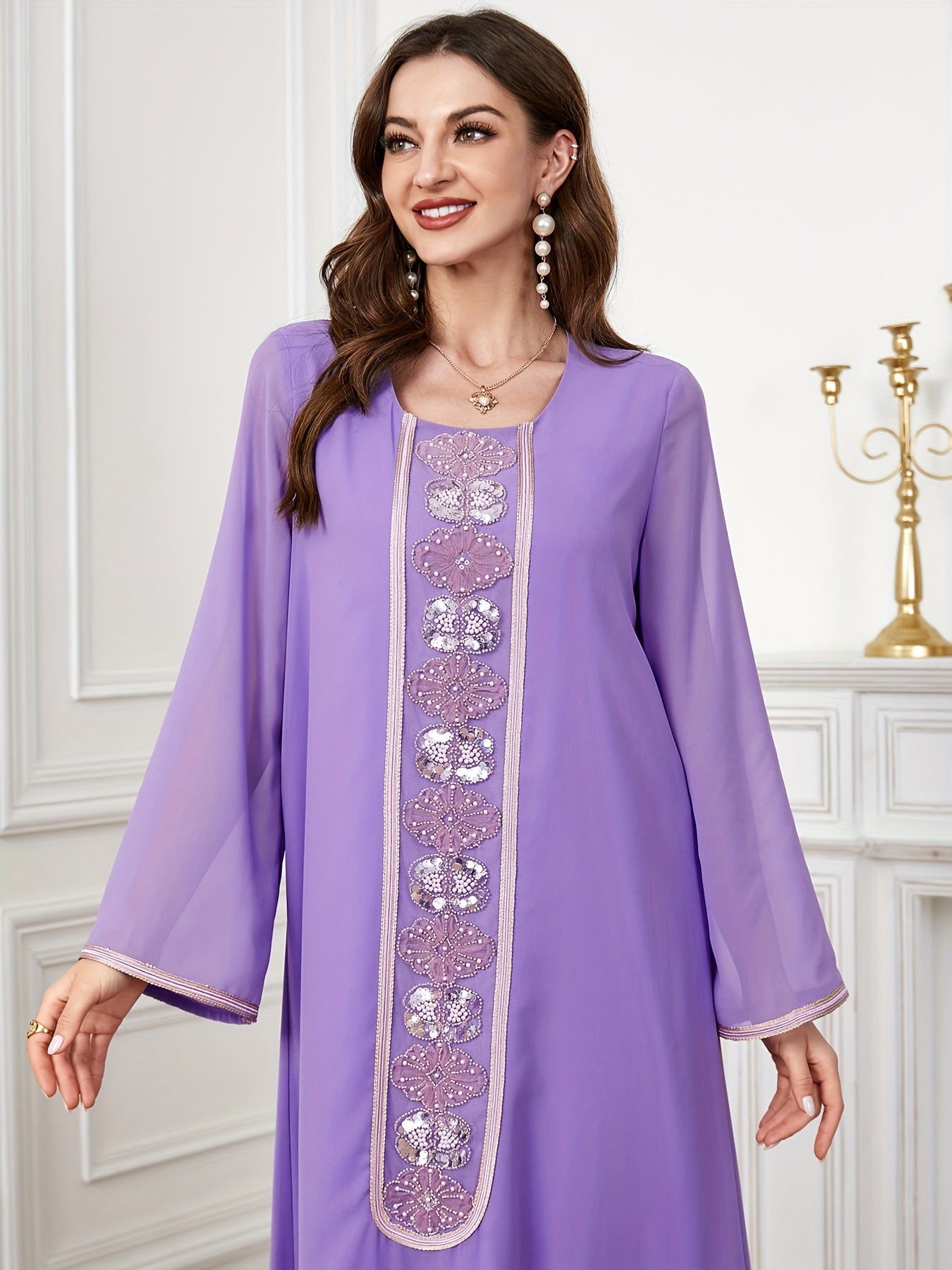 Embroidered Crew Neck Kaftan Dress, Elegant Long Sleeve women fashion '/MH