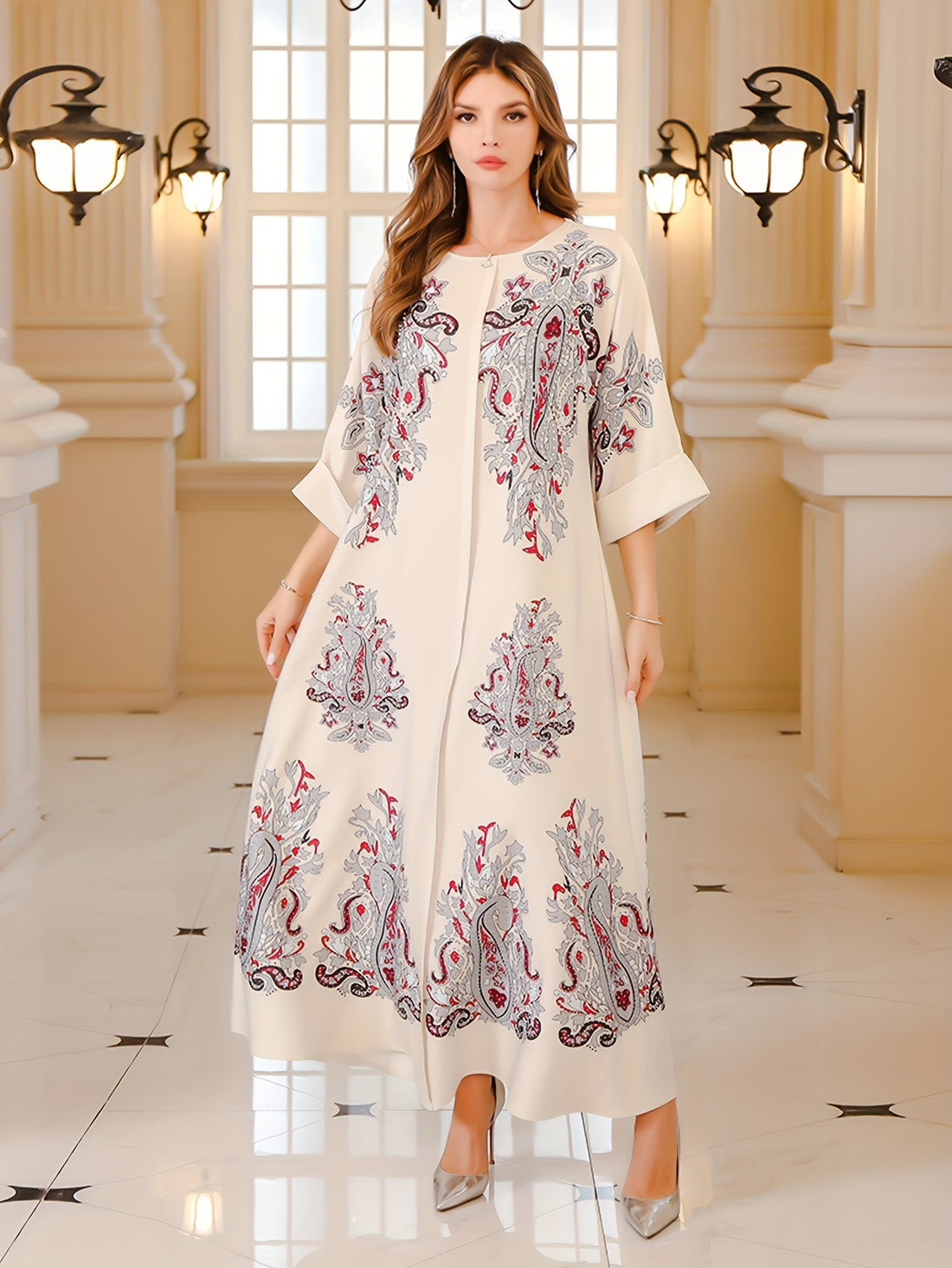 Elegant Beaded Paisley Maxi Dress - Loose Fit, /MH