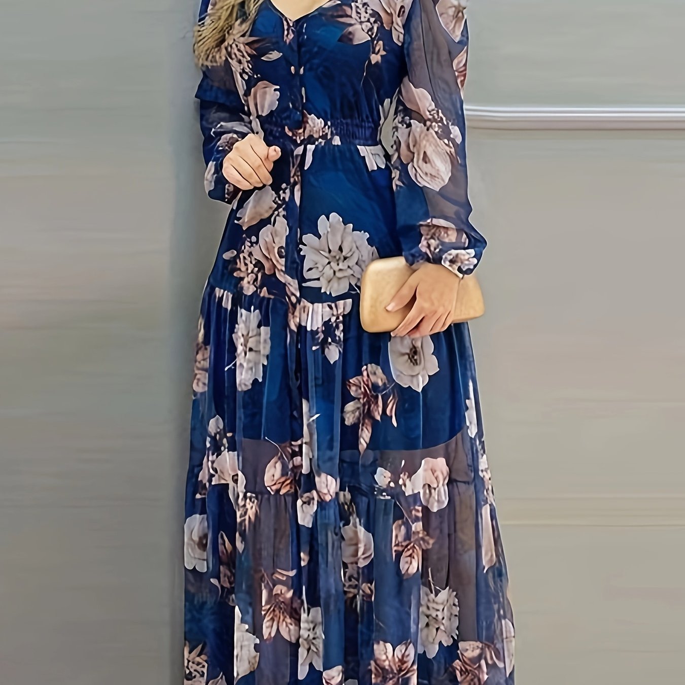 Elegant Floral Print 1pc V-Neck Maxi Dress - ./MH