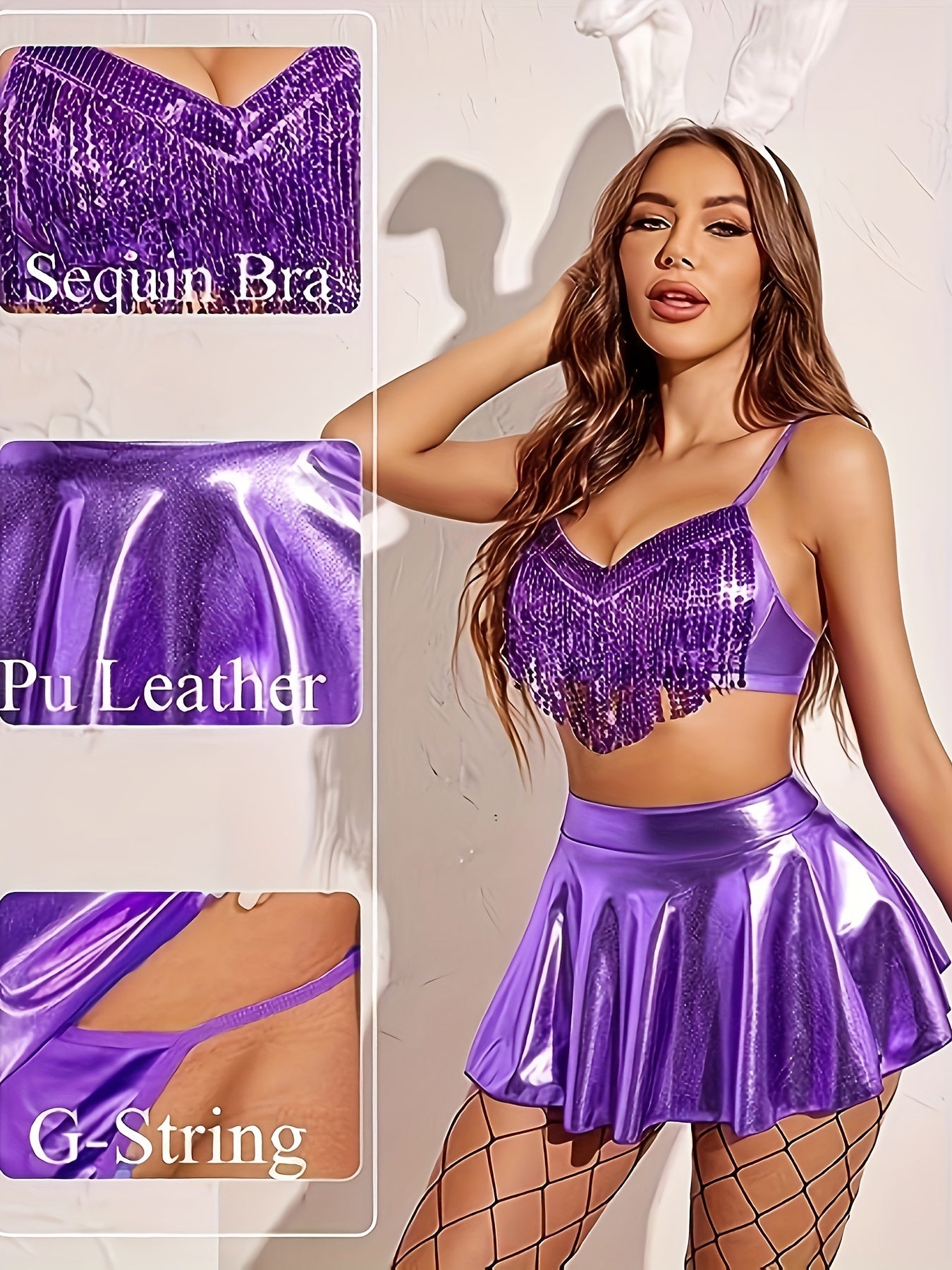 Solid PU Lingerie Set, Sequin Tassel Bra & Skirt & Thong, /MH