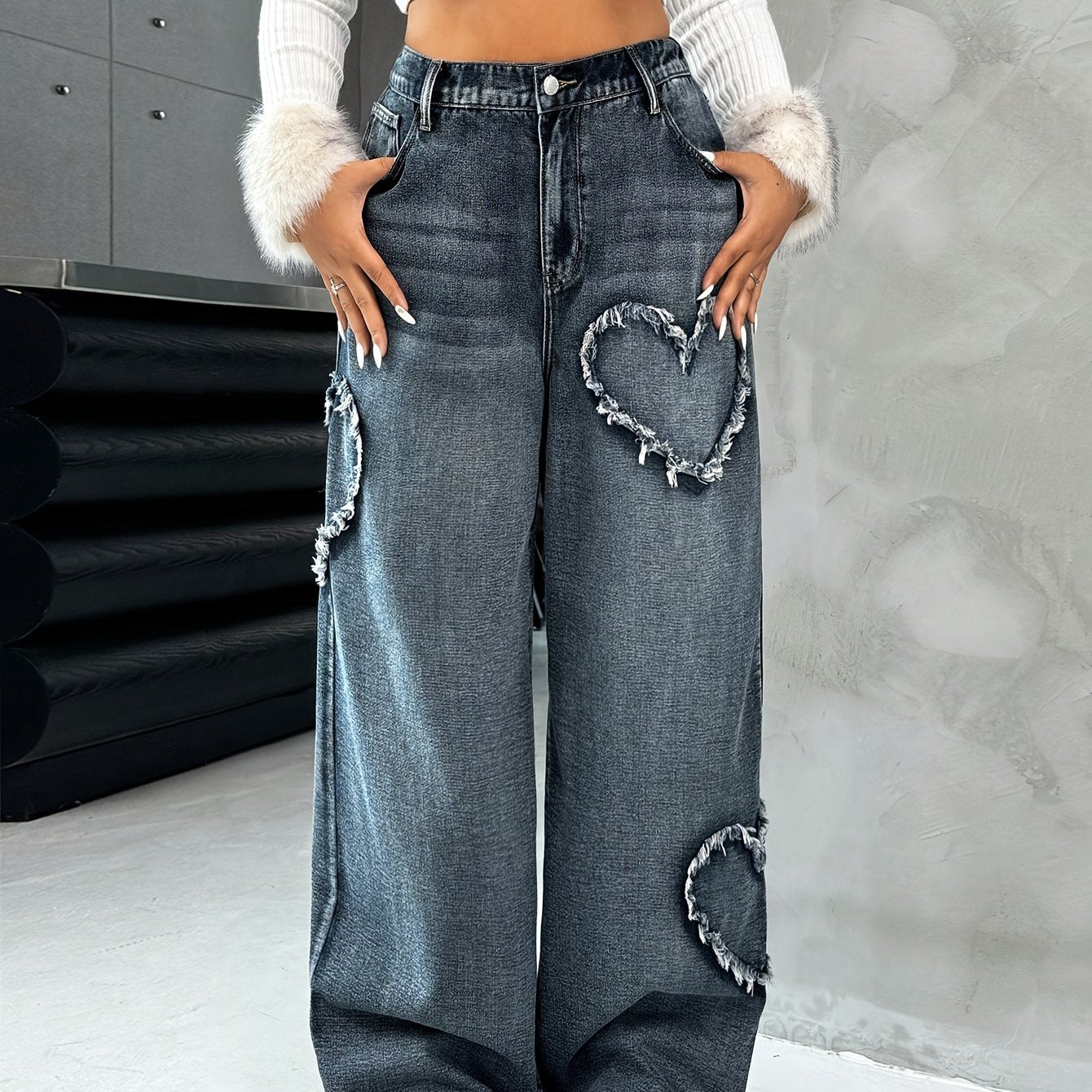Women's  New Heart-Shaped Straight-Leg Wide-Leg Jeans -./MH
