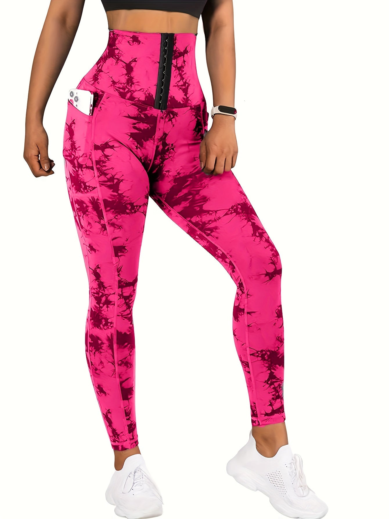 Women'S High-Waist Tie-Dye Yoga Leggings with Front Button Closure & Pockets .