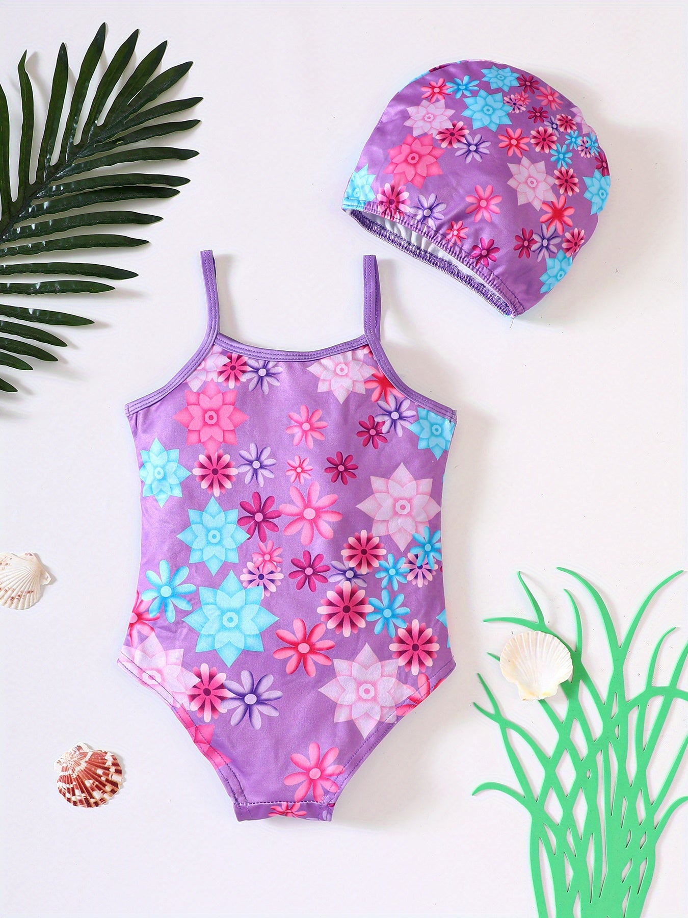2 Pcs Girl's Onesie Swimsuit & Swimming Cap,