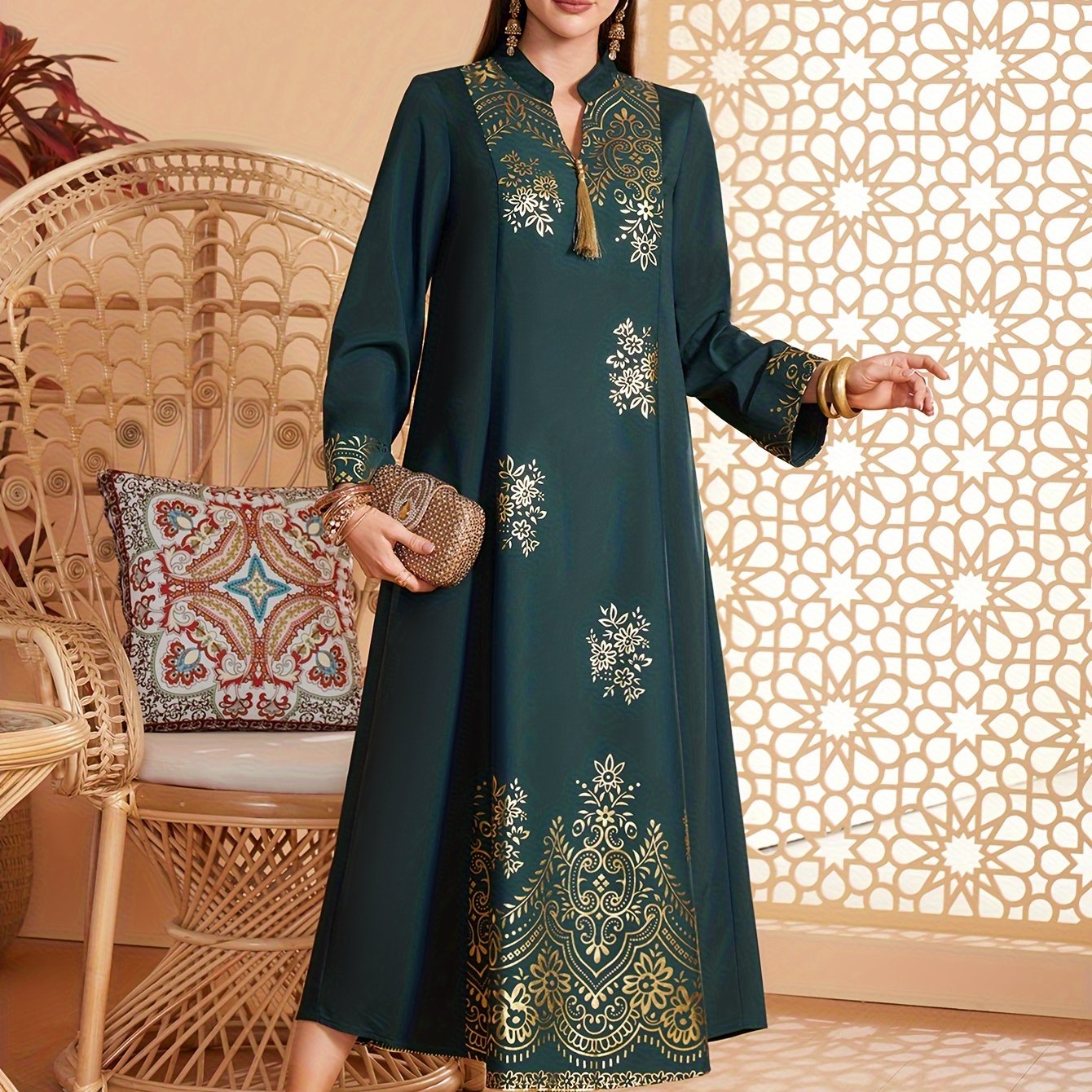 Floral Print V Neck Kaftan Dress, Elegant Long Sleeve Loose Fit Dress, /MH
