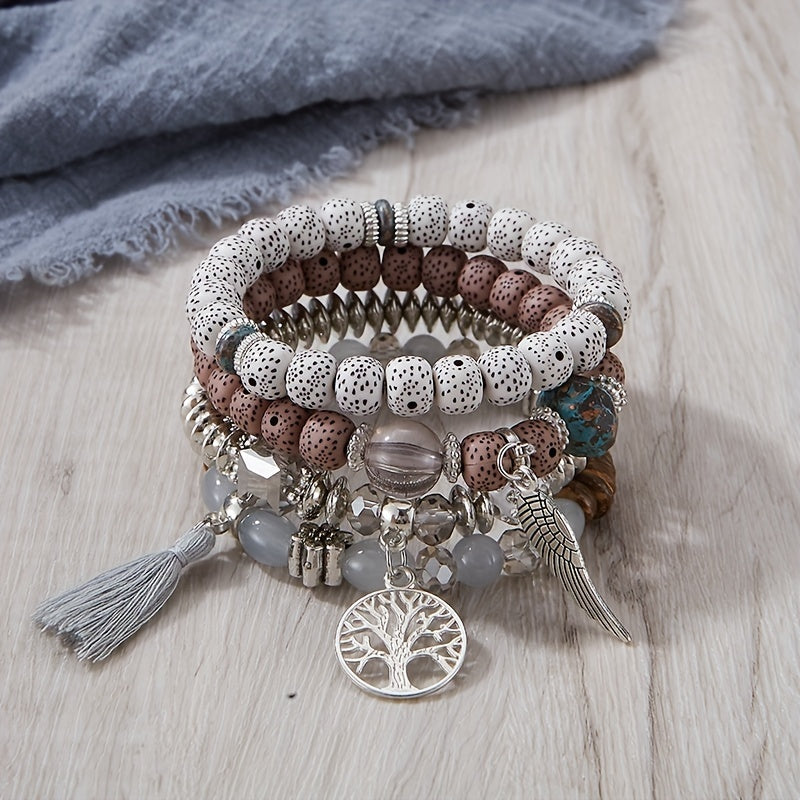4pcs/set Bohemian Hand String, Tree Of Life Feather Wings Pendant Bracelet, Tassel Couple Handmade Unisex Bracelet, Father's Day Gift
