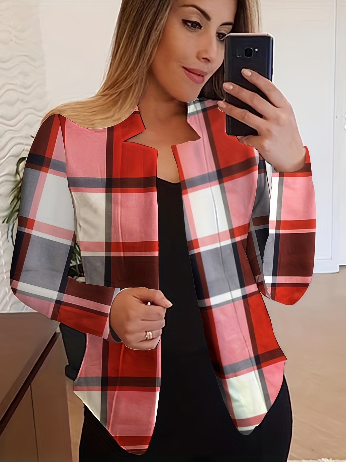 Plaid Print Open Front Blazer, Elegant Long Sleeve .