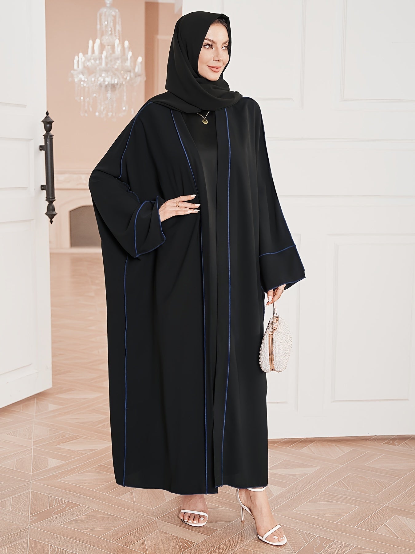 Elegant Contrast Trim Two-piece Set, Open Fron& Khimar Hijab,/MH