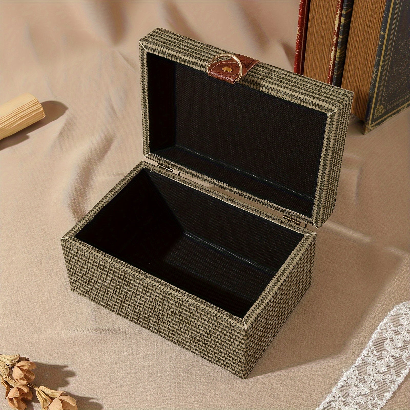 1pc PU Wooden Clamshell Storage Box, With Imitation Straw Texture, Jewelry Box, Rectangular Gift Box, Desktop Decoration, Hidden Storage, Special Gift Box, Home Decor Art & Craft Supplies, valentine's day wedding decor