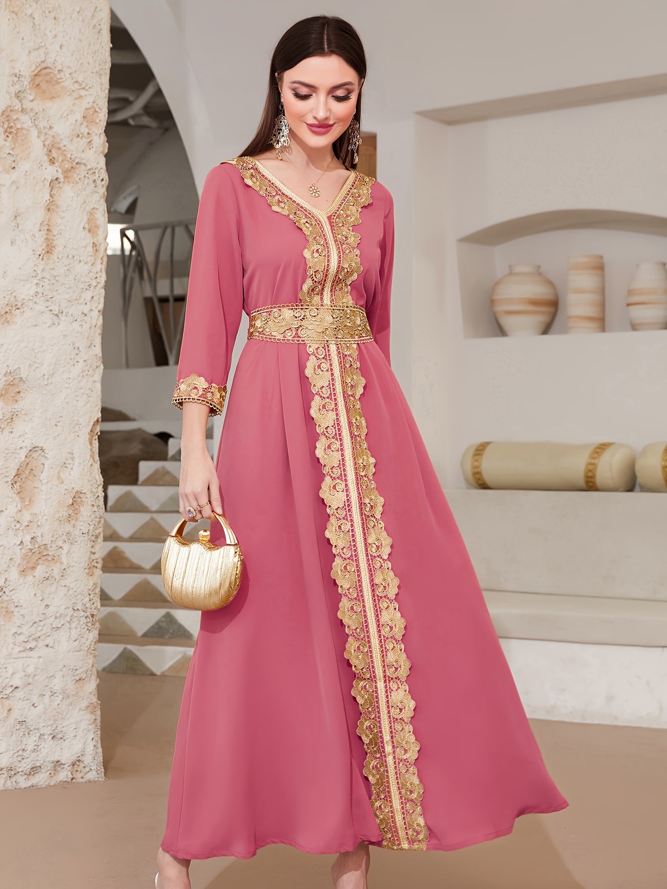 Ramadan Lace Trim V Neck Kaftan, Elegant Long Sleeve 'MH