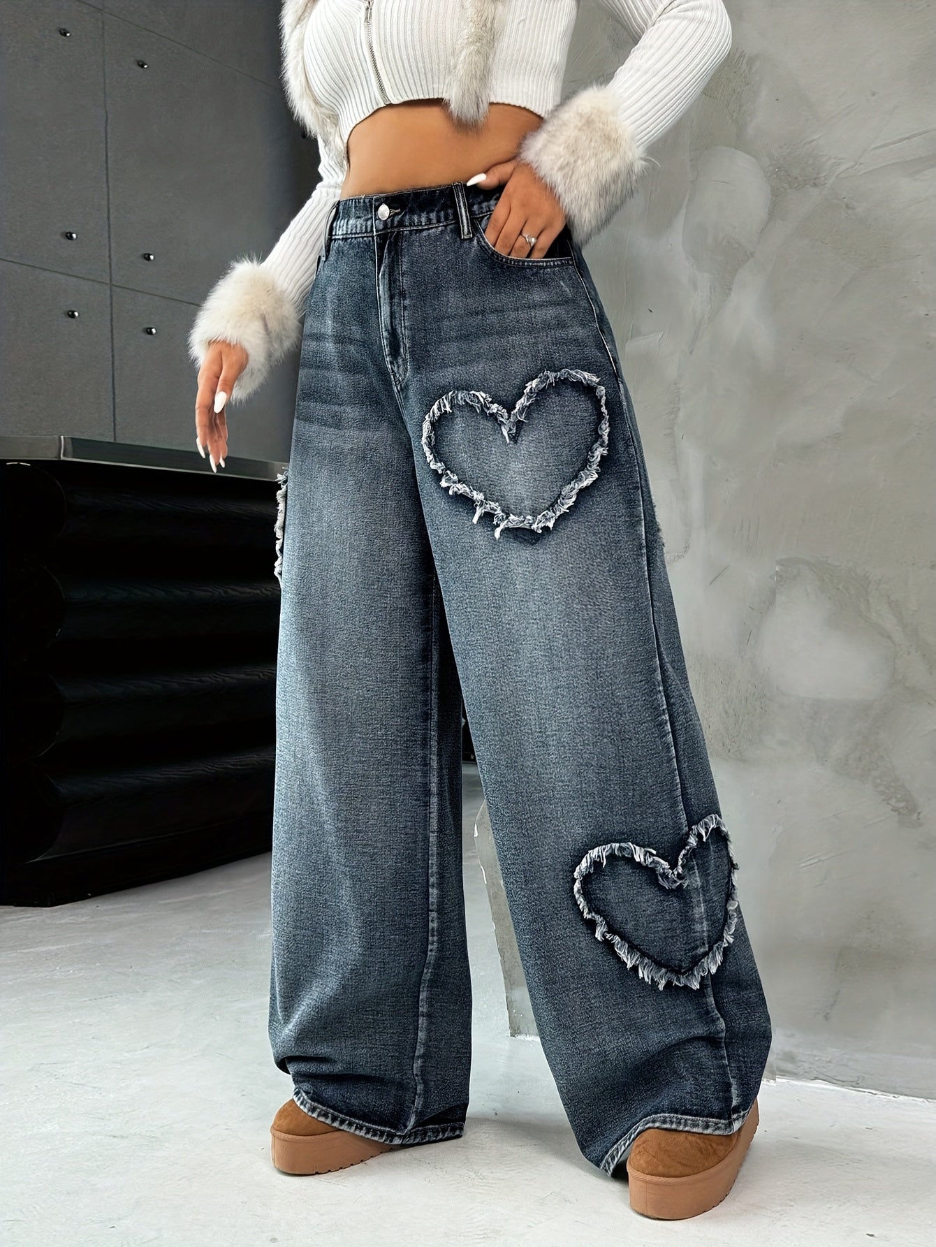 Women's  New Heart-Shaped Straight-Leg Wide-Leg Jeans -./MH