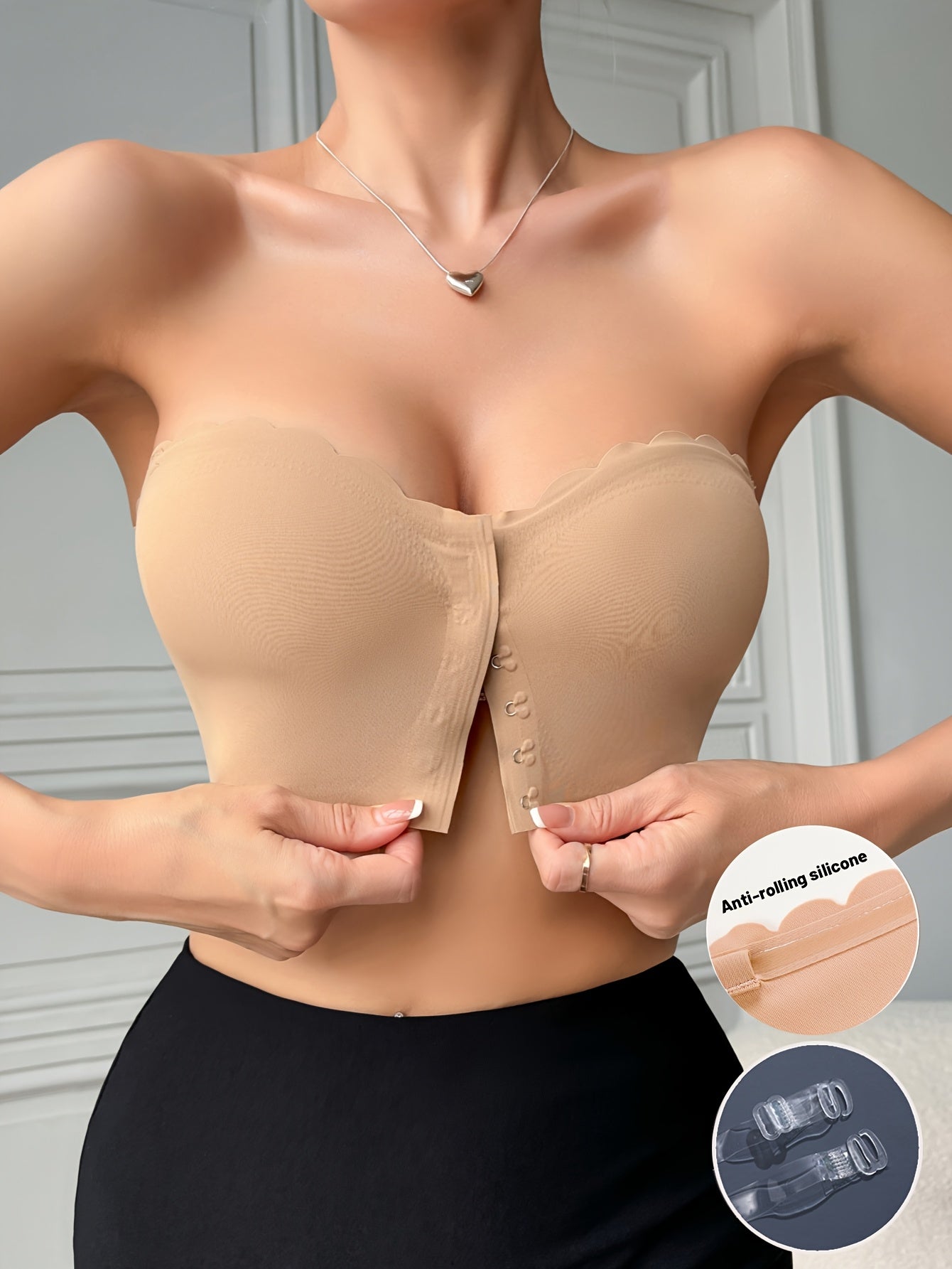 Solid Seamless Strapless Front Closure Wireless Strapless Bra,/MH