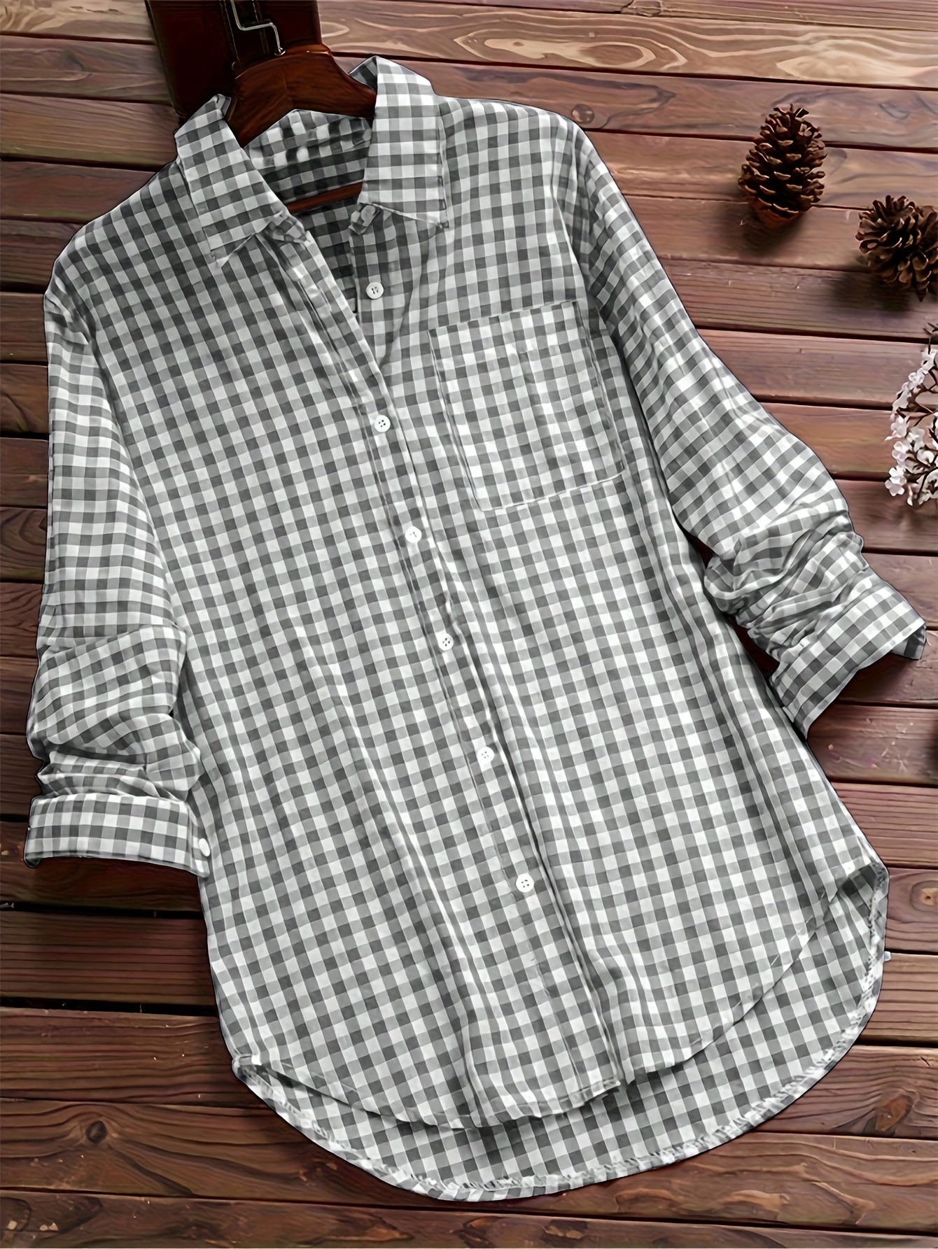 Women'S Casual Long Sleeve Gingham Check Shirt - Light Blue & White,