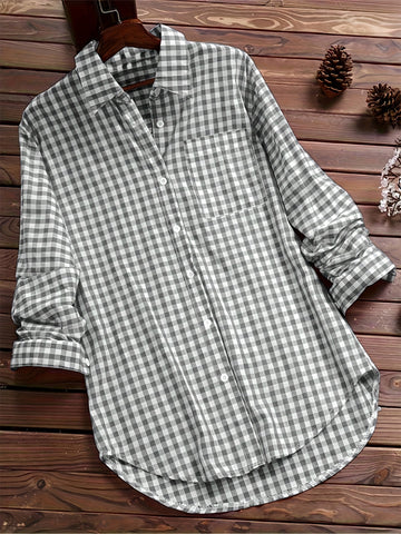 Women'S Casual Long Sleeve Gingham Check Shirt - Light Blue & White,