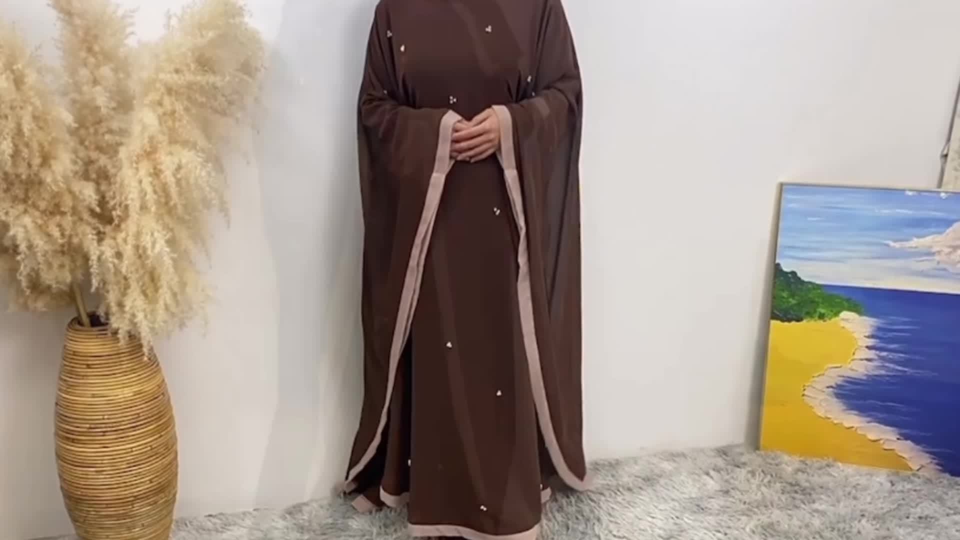 Beaded Contrast Trim Modest Dress, Elegant Batwing Sleeve Loose Maxi '/MH