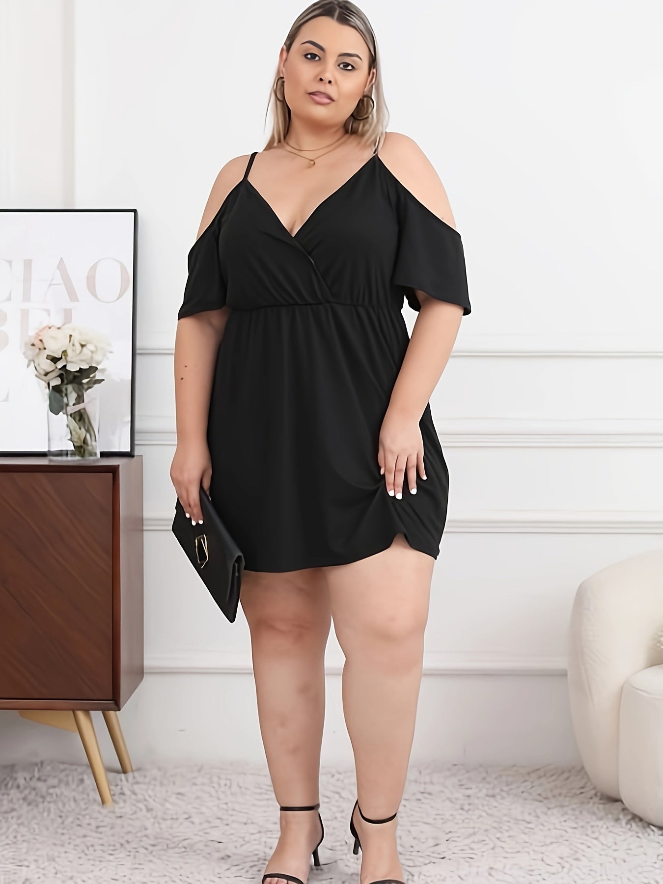 Plus Size Solid Cinched Waist Cold Shoulder Dress,/MH