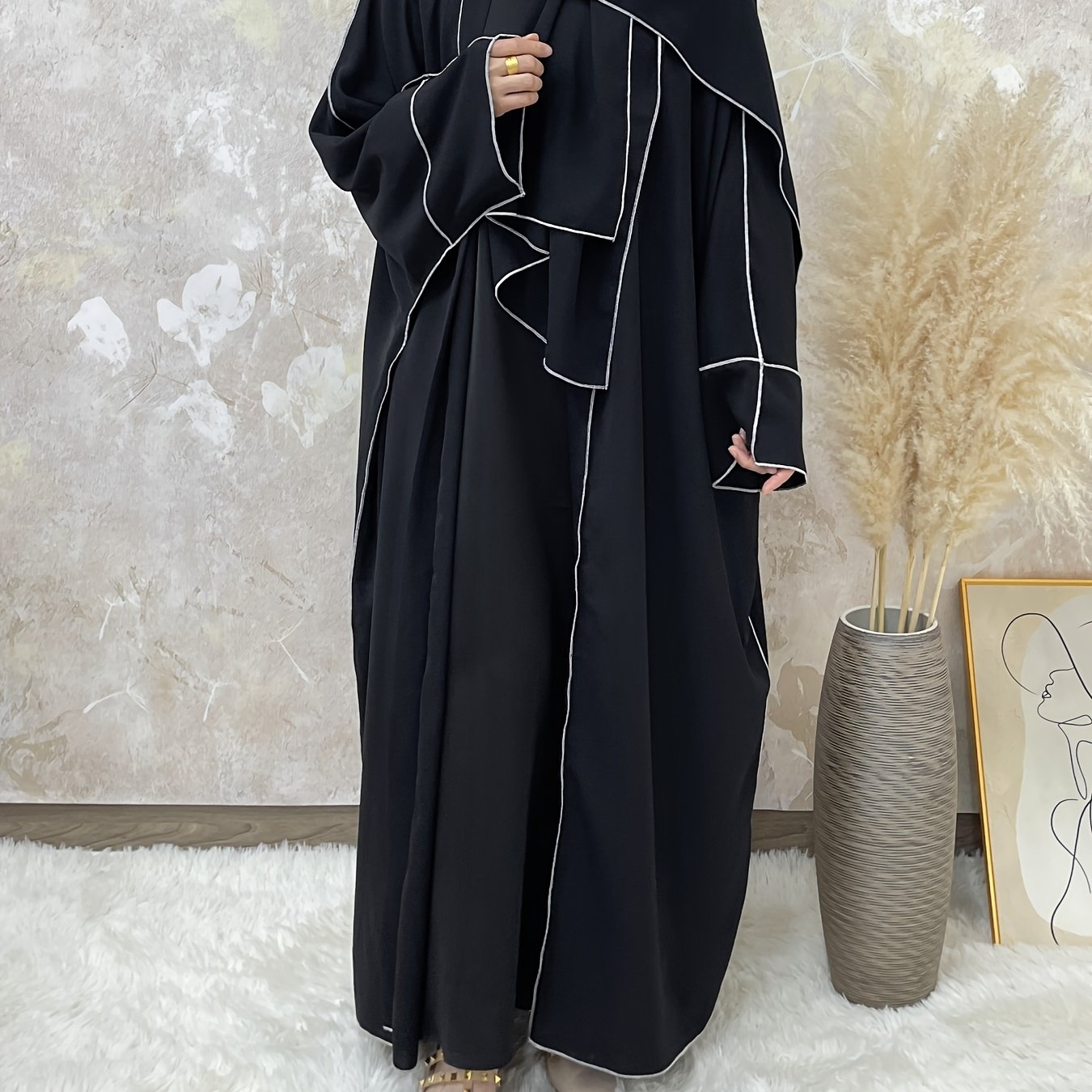 Elegant Contrast Trim Two-piece Set, Open Fron& Khimar Hijab,/MH
