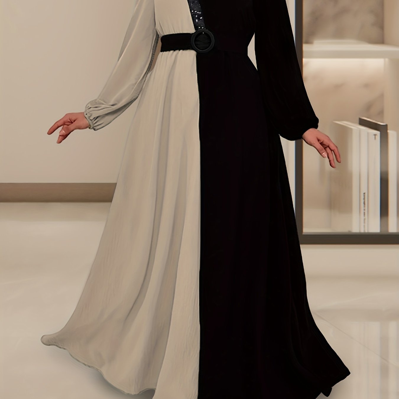 Color Block Long Sleeve Kaftan Dress, /MH