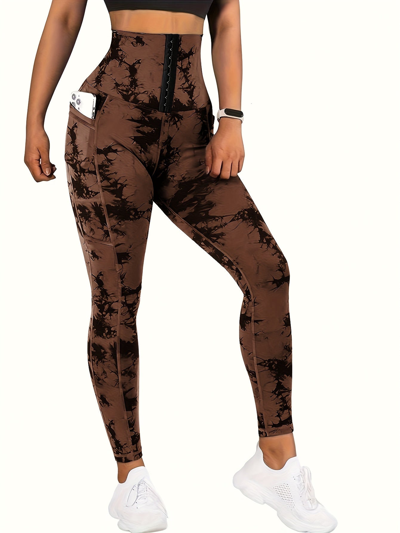 Women'S High-Waist Tie-Dye Yoga Leggings with Front Button Closure & Pockets .