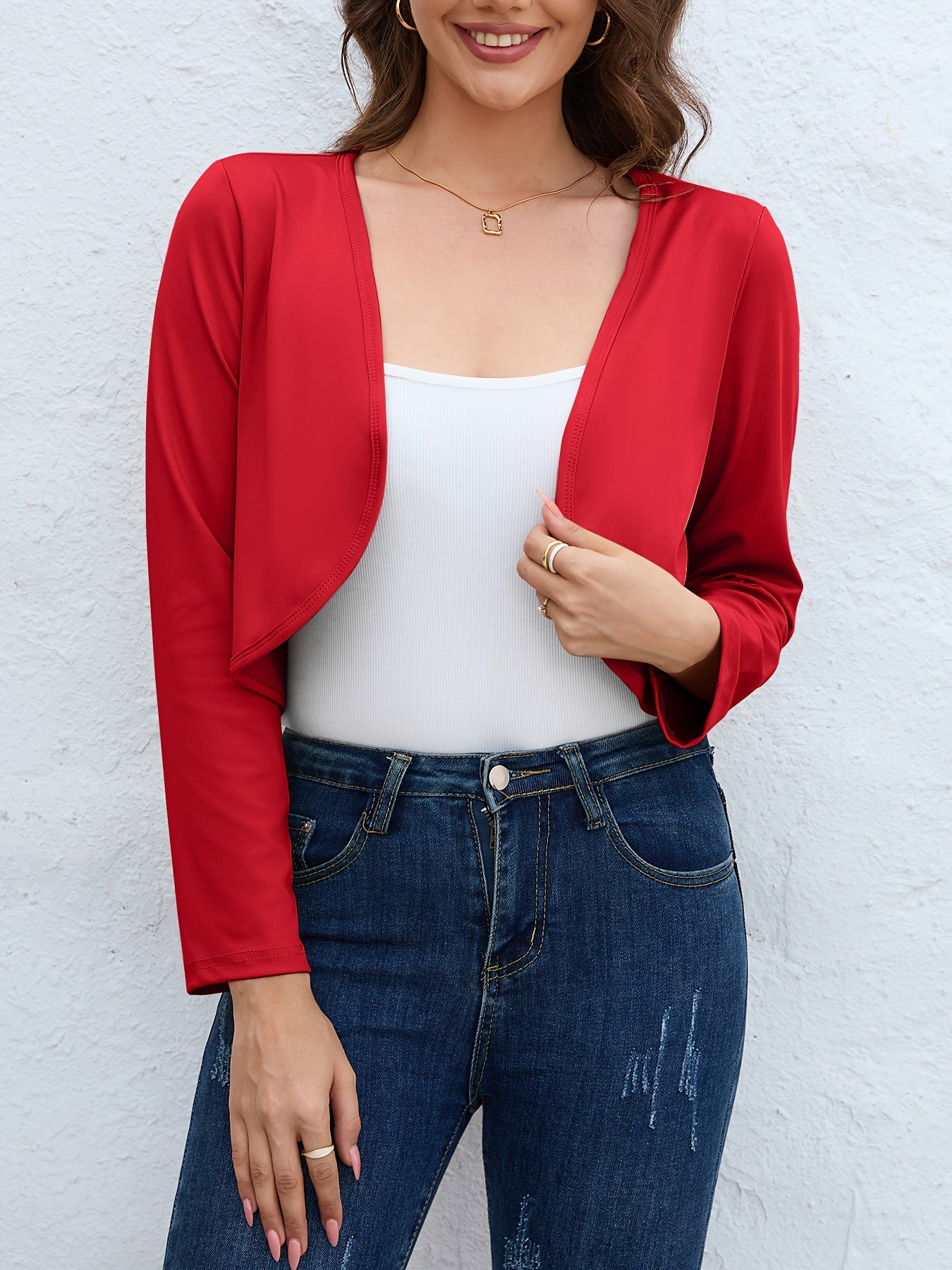 Solid Open Front Blazer, Casual Long Sleeve Crop Blazer For Work,