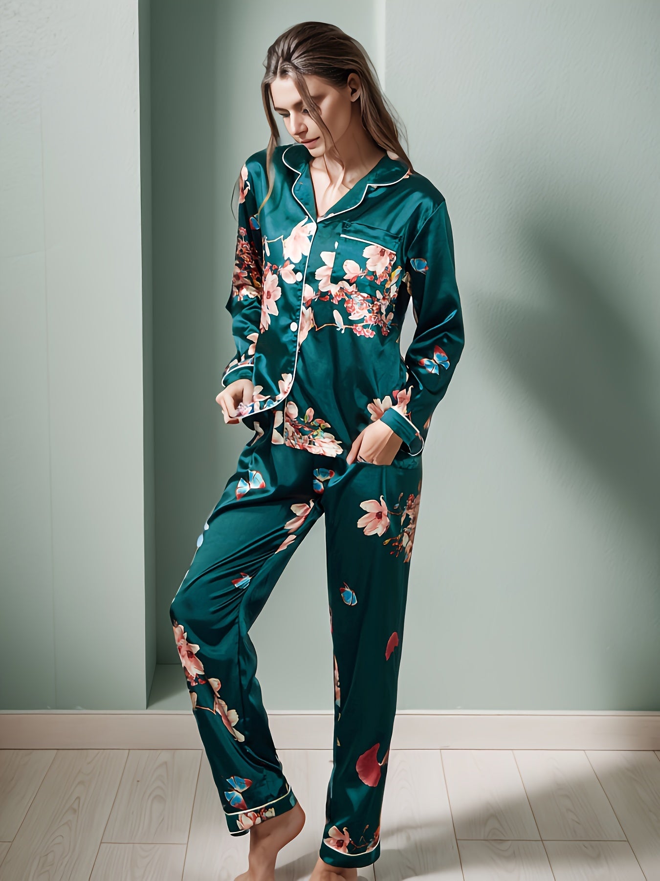 Floral Print Satin Pajama Set,