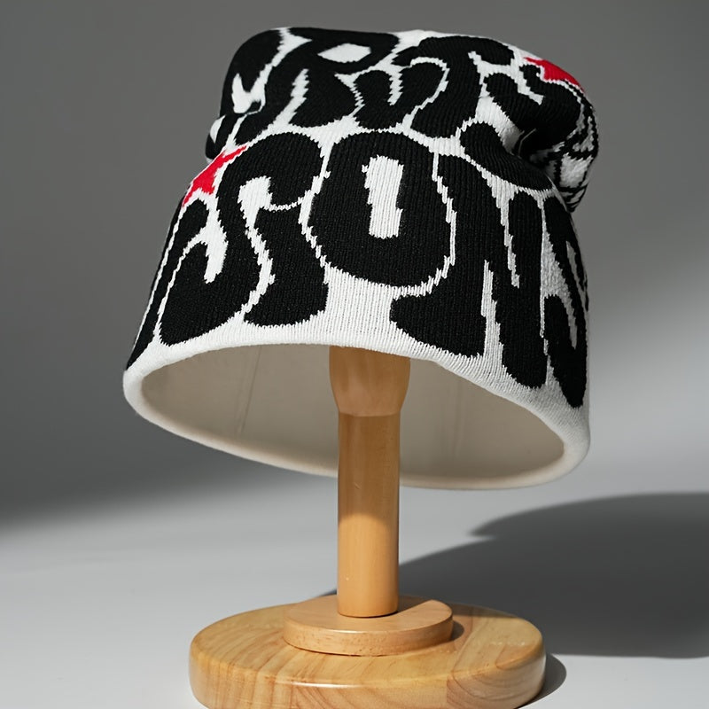 Unisex Alphabet Embroidered Knit Beanie Hat Casual Acrylic Stretch