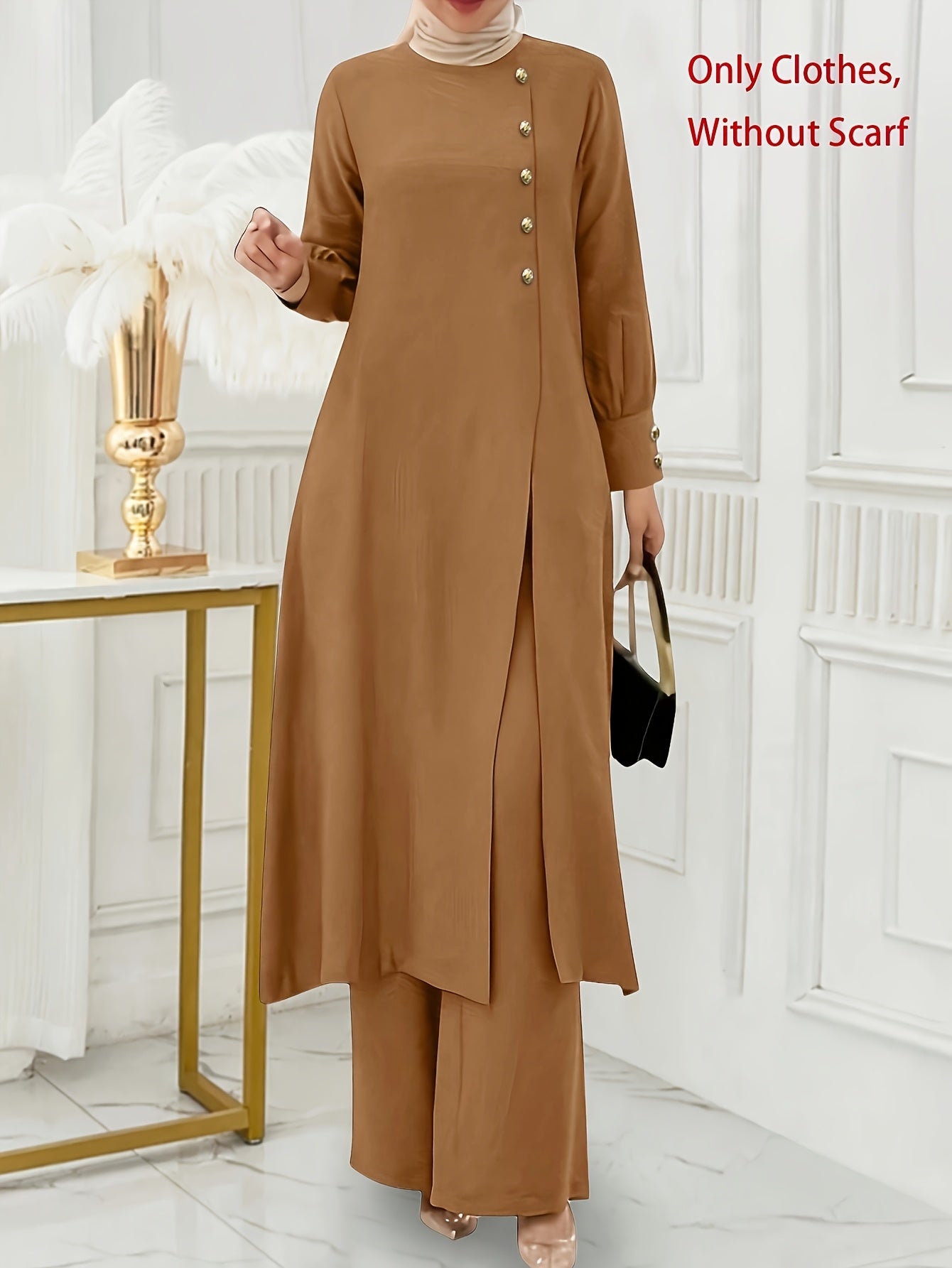 Solid Color Button Design Long Sleeve Top and Pants Set, Arabic Style,/MH