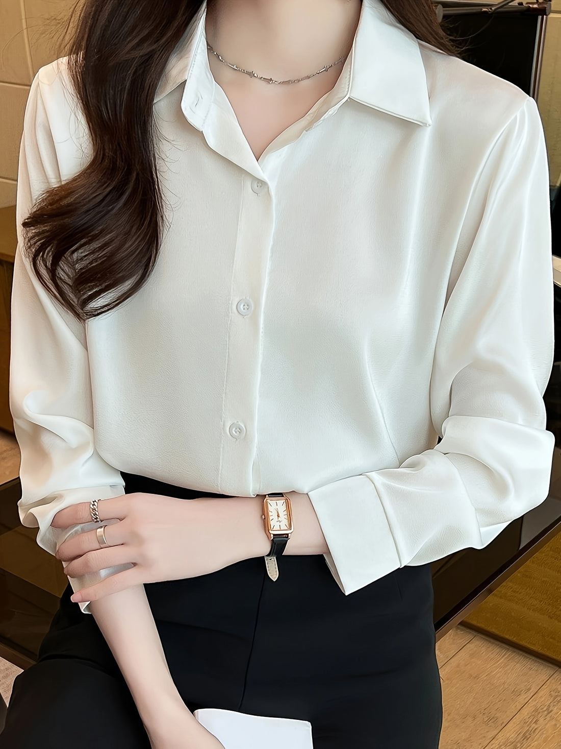 Luxury Feel Wrinkle-Resistant Satin Shirt for Women | Solid Color
